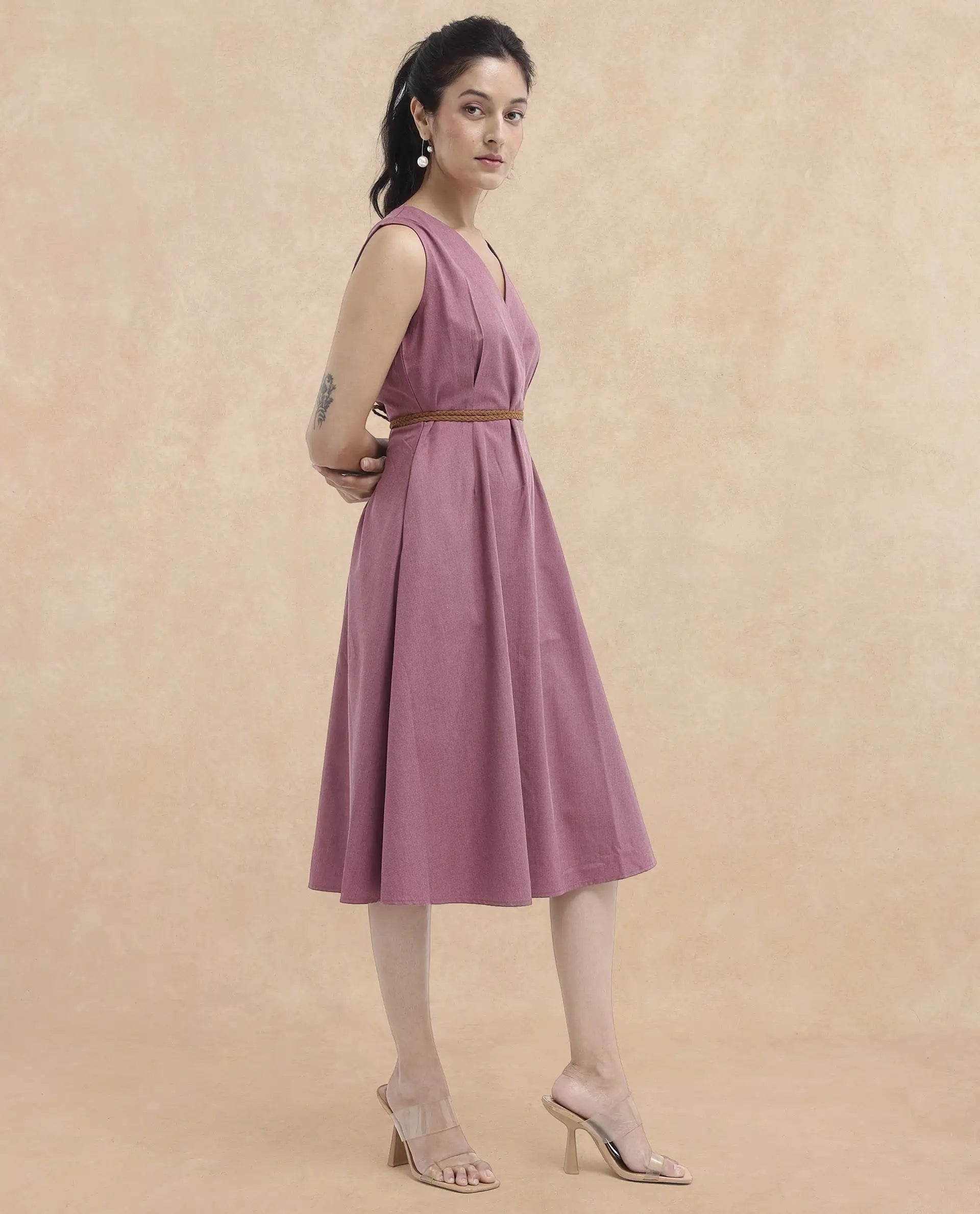 Rareism Women Valmode Dusky Pink Zipper Closure Sleeveless Over Lap Neck Fit And Flare Plain Midi Dress