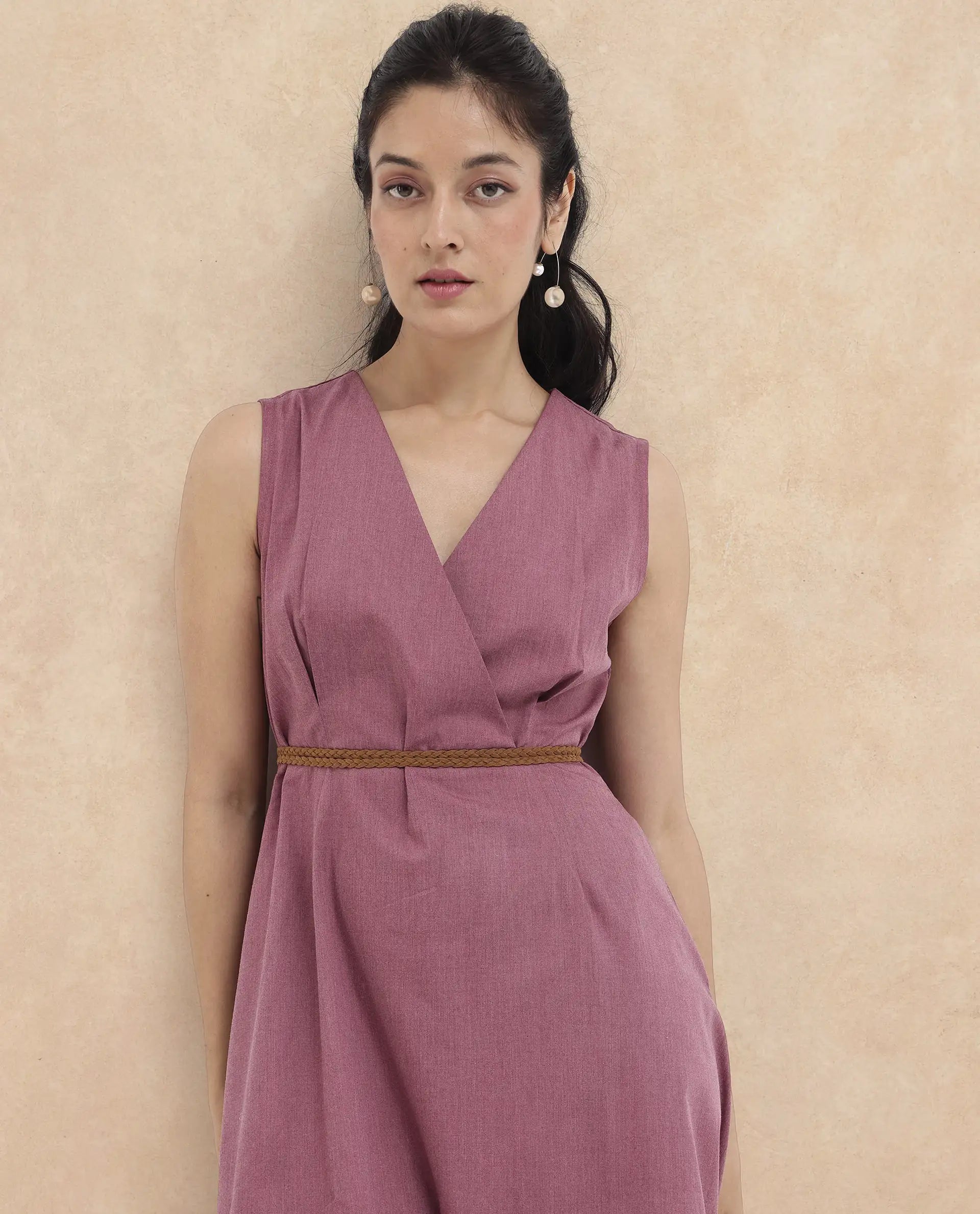 Rareism Women Valmode Dusky Pink Zipper Closure Sleeveless Over Lap Neck Fit And Flare Plain Midi Dress