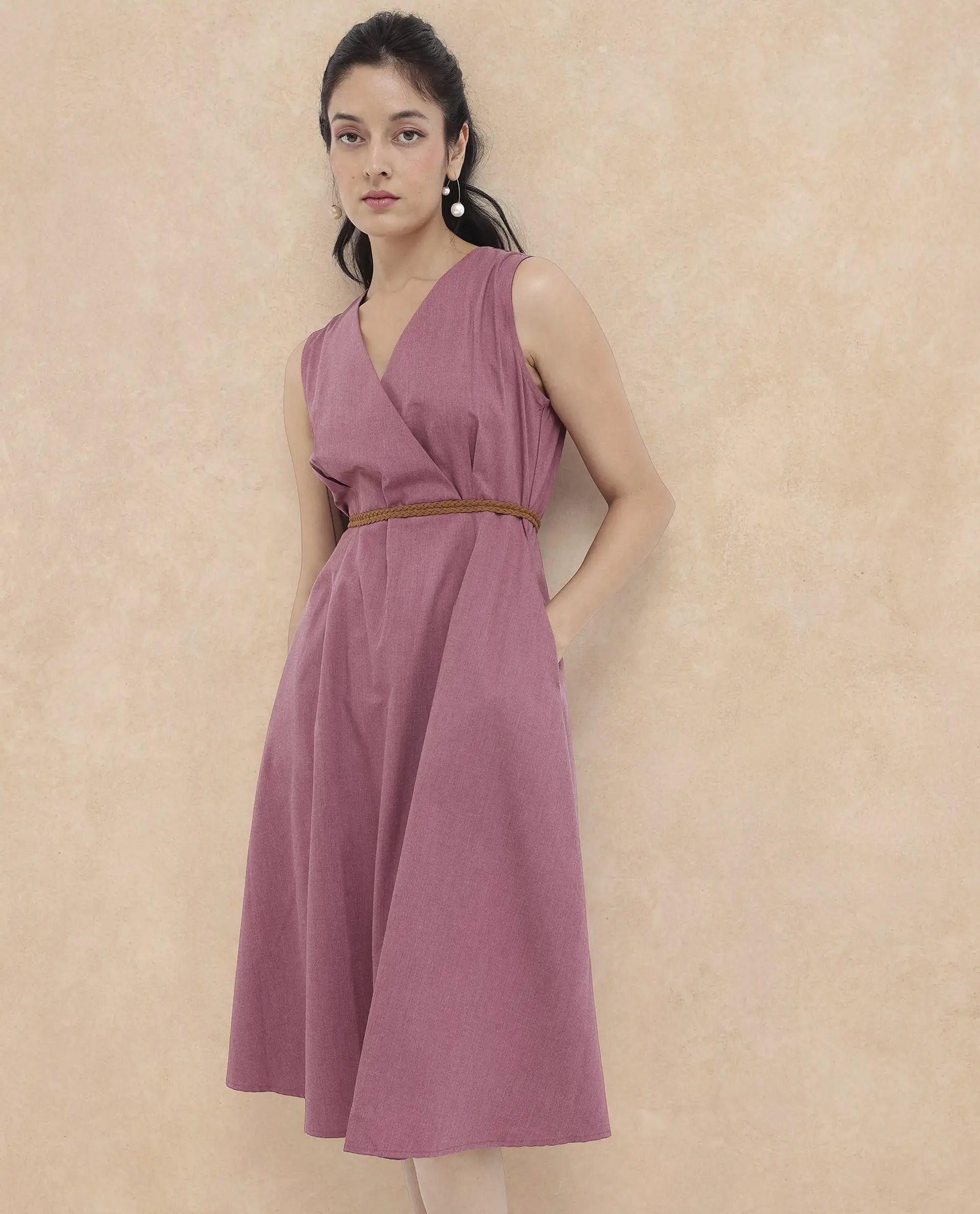 Rareism Women Valmode Dusky Pink Zipper Closure Sleeveless Over Lap Neck Fit And Flare Plain Midi Dress
