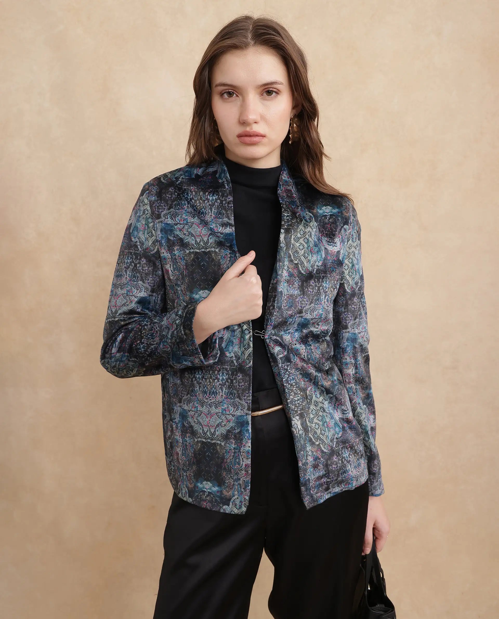 Rareism Women Valorie Multi Velvet Cuffed Sleeve V-Neck Hook Closure Abstract Print Blazer