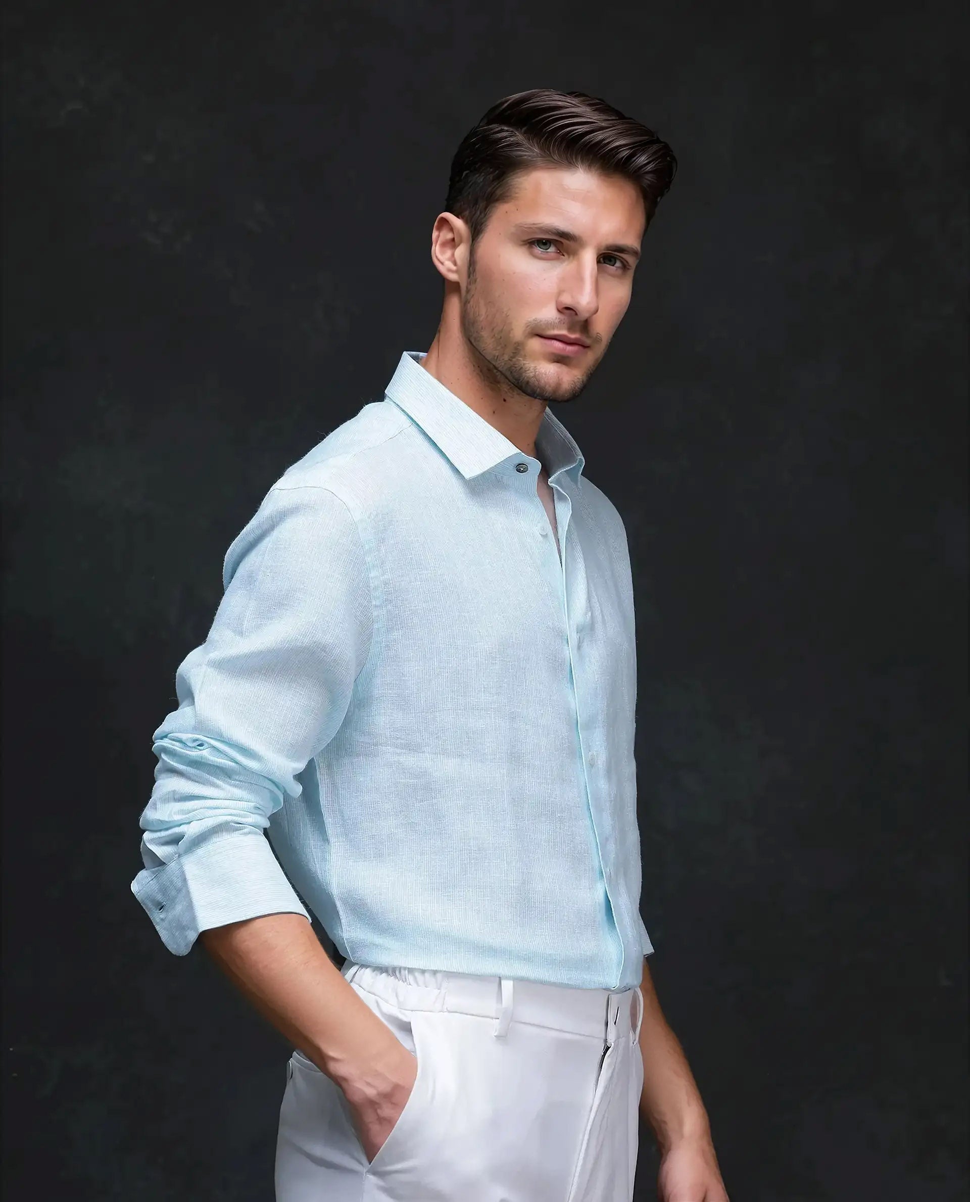 Rare Rabbit Men's Valt Light Aqua Linen Blend Plain Regular Fit Full Sleeve Collared Shirt