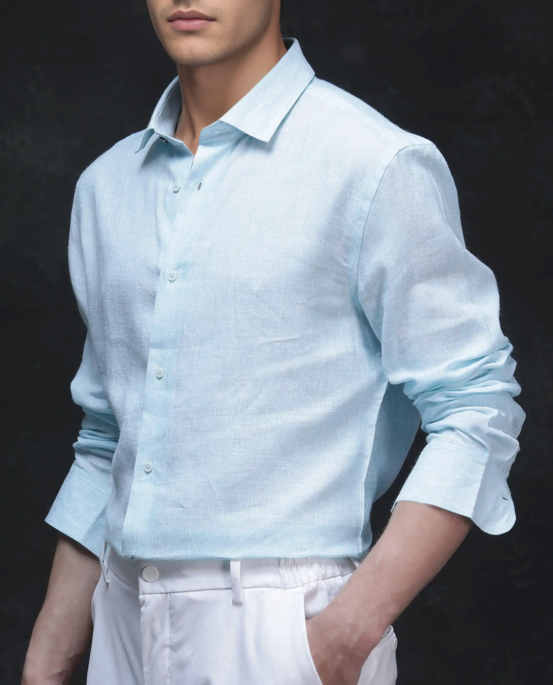 Rare Rabbit Men's Valt Light Aqua Linen Blend Plain Regular Fit Full Sleeve Collared Shirt