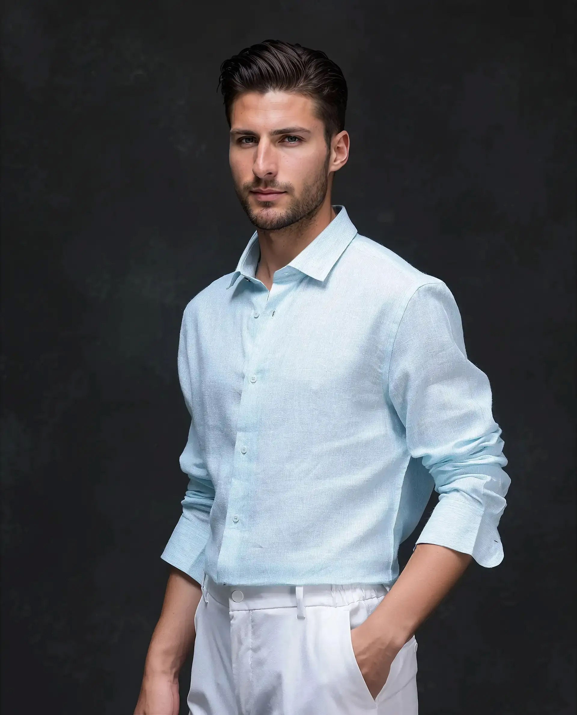 Rare Rabbit Men's Valt Light Aqua Linen Blend Plain Regular Fit Full Sleeve Collared Shirt