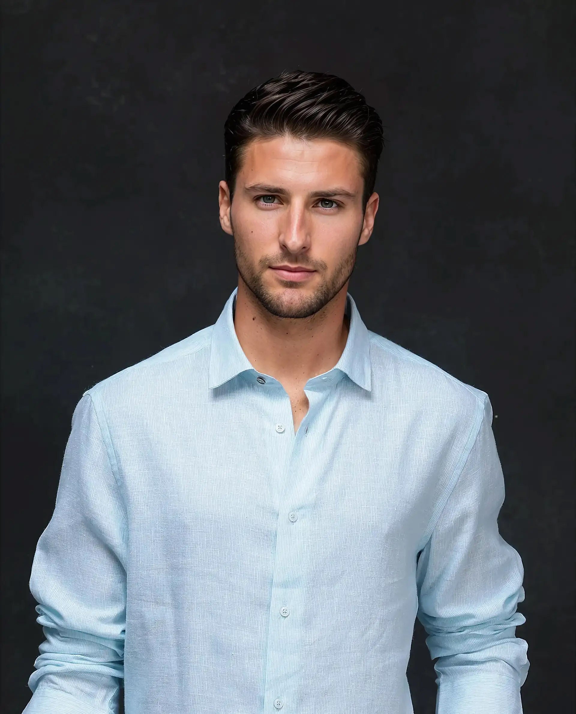 Rare Rabbit Men's Valt Light Aqua Linen Blend Plain Regular Fit Full Sleeve Collared Shirt