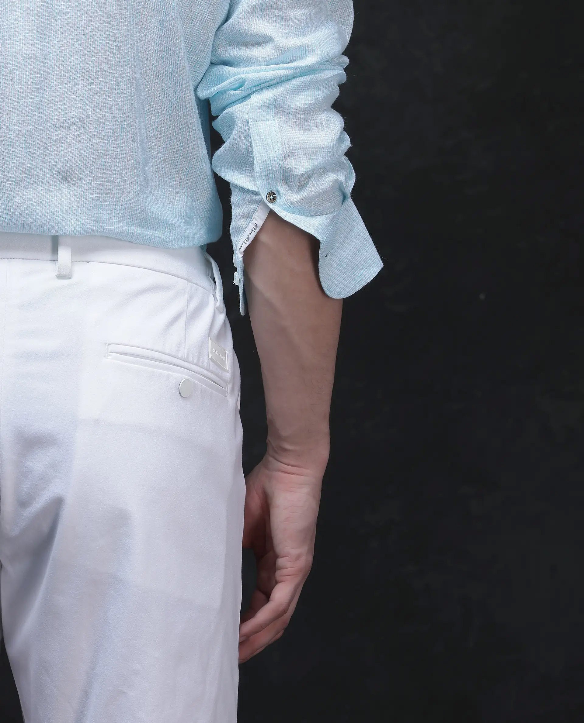 Rare Rabbit Men's Valt Light Aqua Linen Blend Plain Regular Fit Full Sleeve Collared Shirt