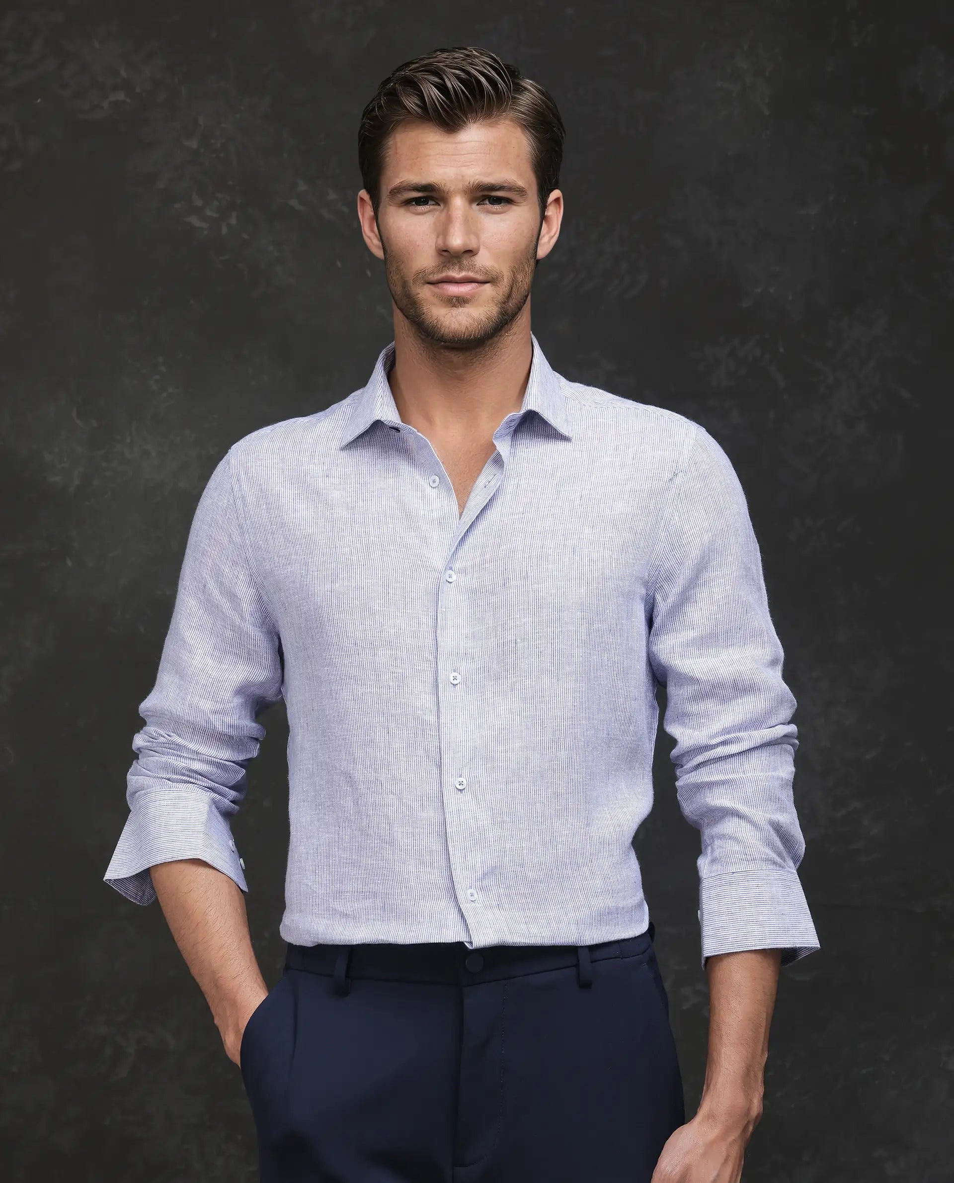 Rare Rabbit Men Valt Light Blue Linen Lyocell Fabric Full Sleeve Spread Collar Button Closure Plain Shirt