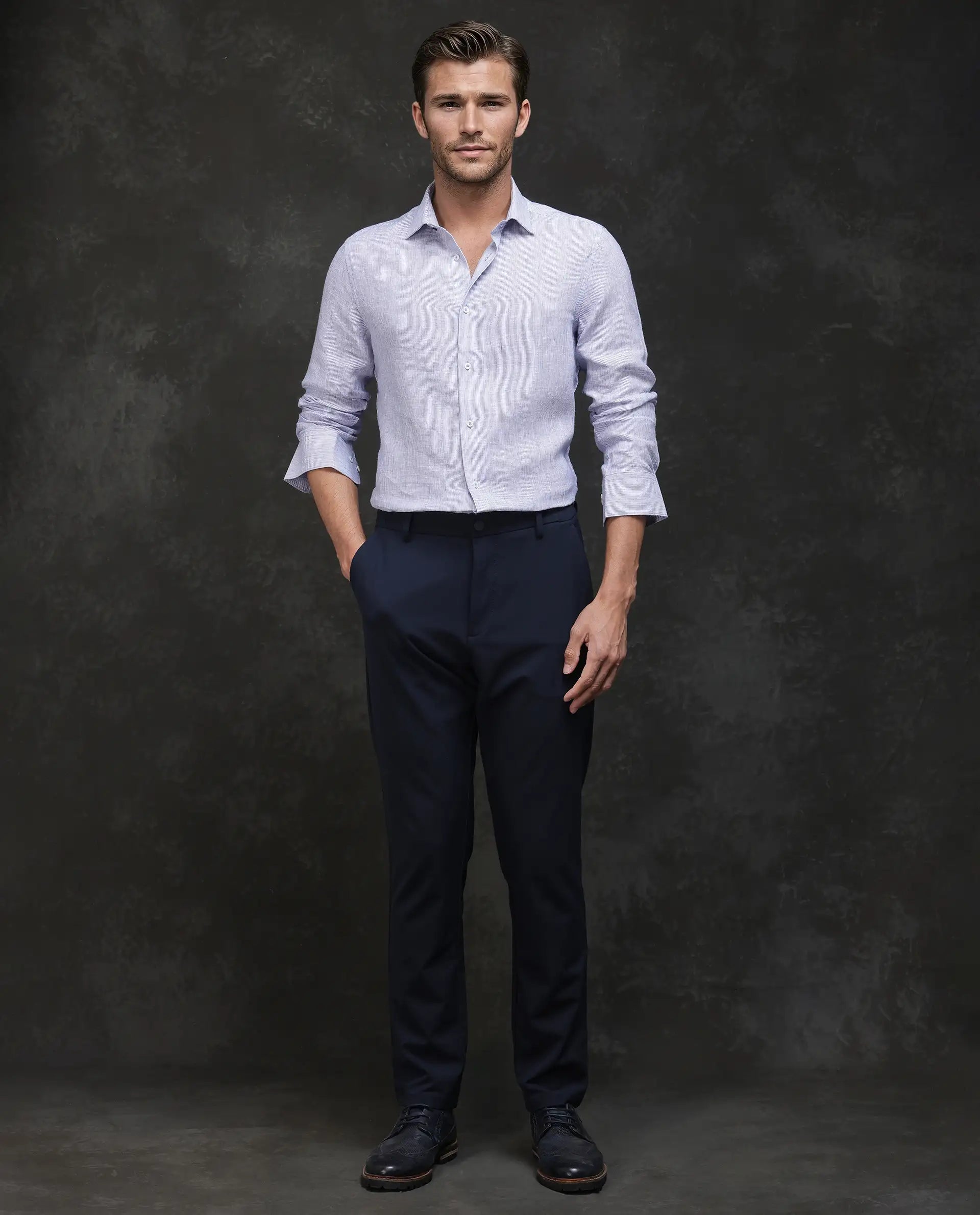 Rare Rabbit Men Valt Light Blue Linen Lyocell Fabric Full Sleeve Spread Collar Button Closure Plain Shirt