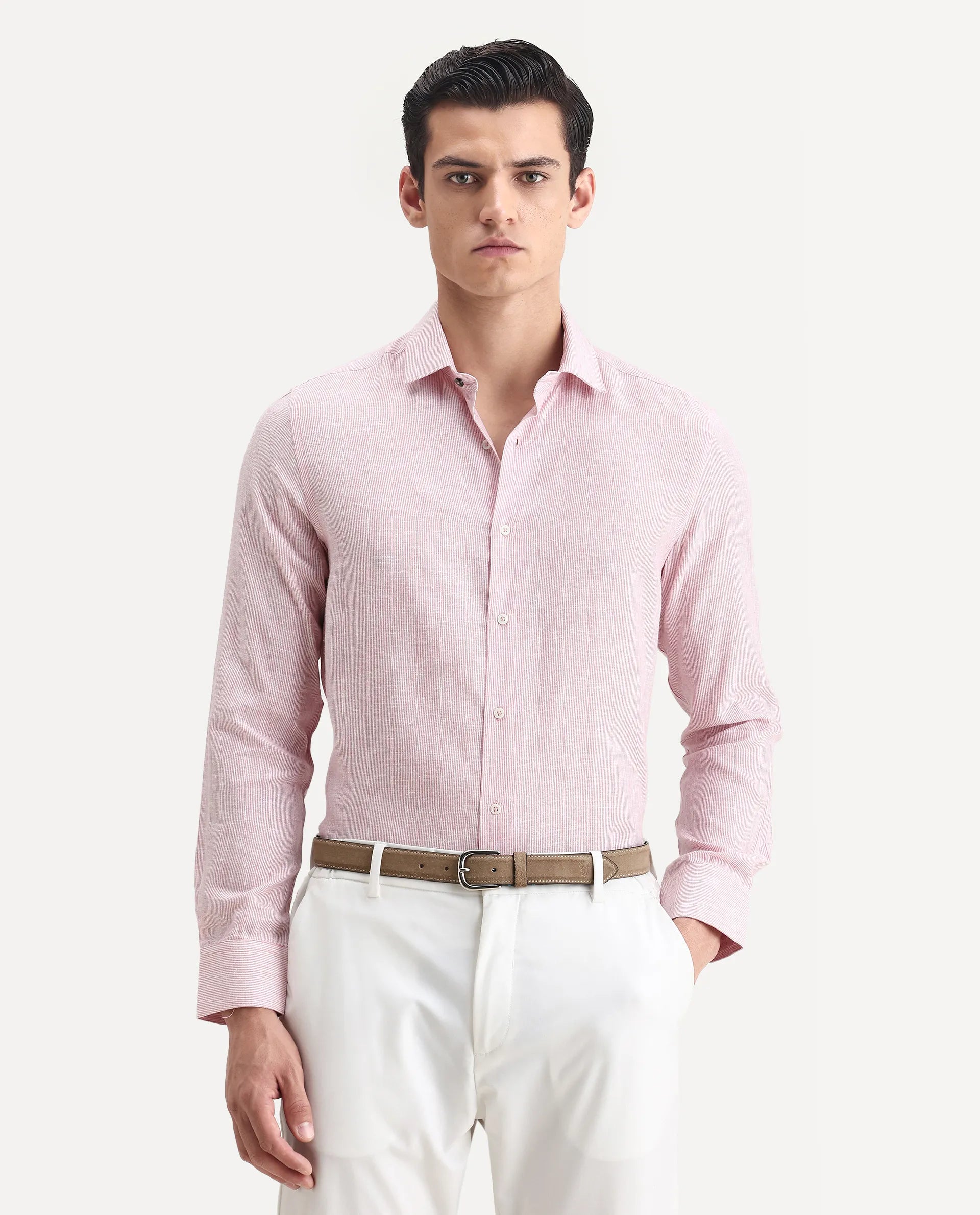 Rare Rabbit Men's Valt Light Pink Linen Blend Plain Regular Fit Full Sleeve Collared Shirt
