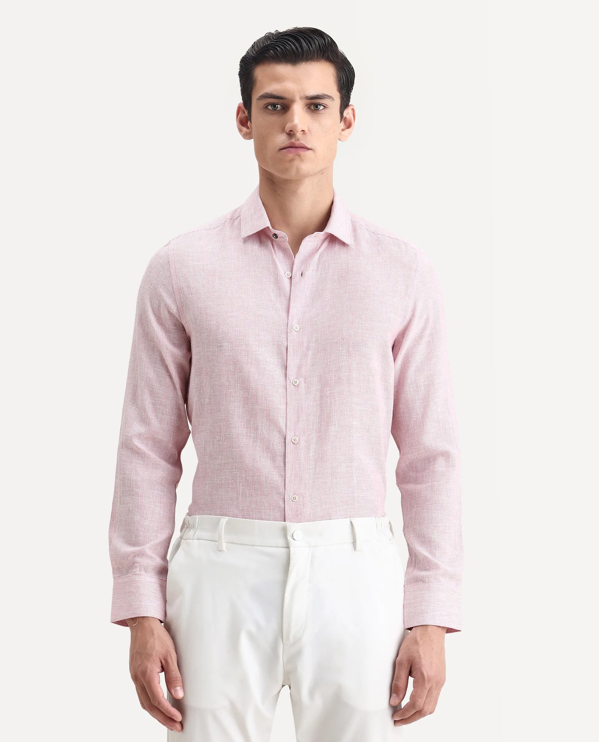 Rare Rabbit Men's Valt Light Pink Linen Blend Plain Regular Fit Full Sleeve Collared Shirt