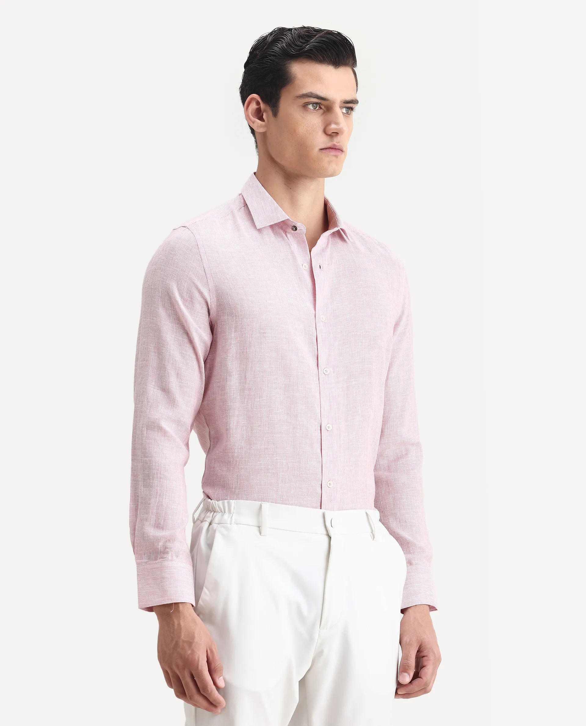 Rare Rabbit Men's Valt Light Pink Linen Blend Plain Regular Fit Full Sleeve Collared Shirt
