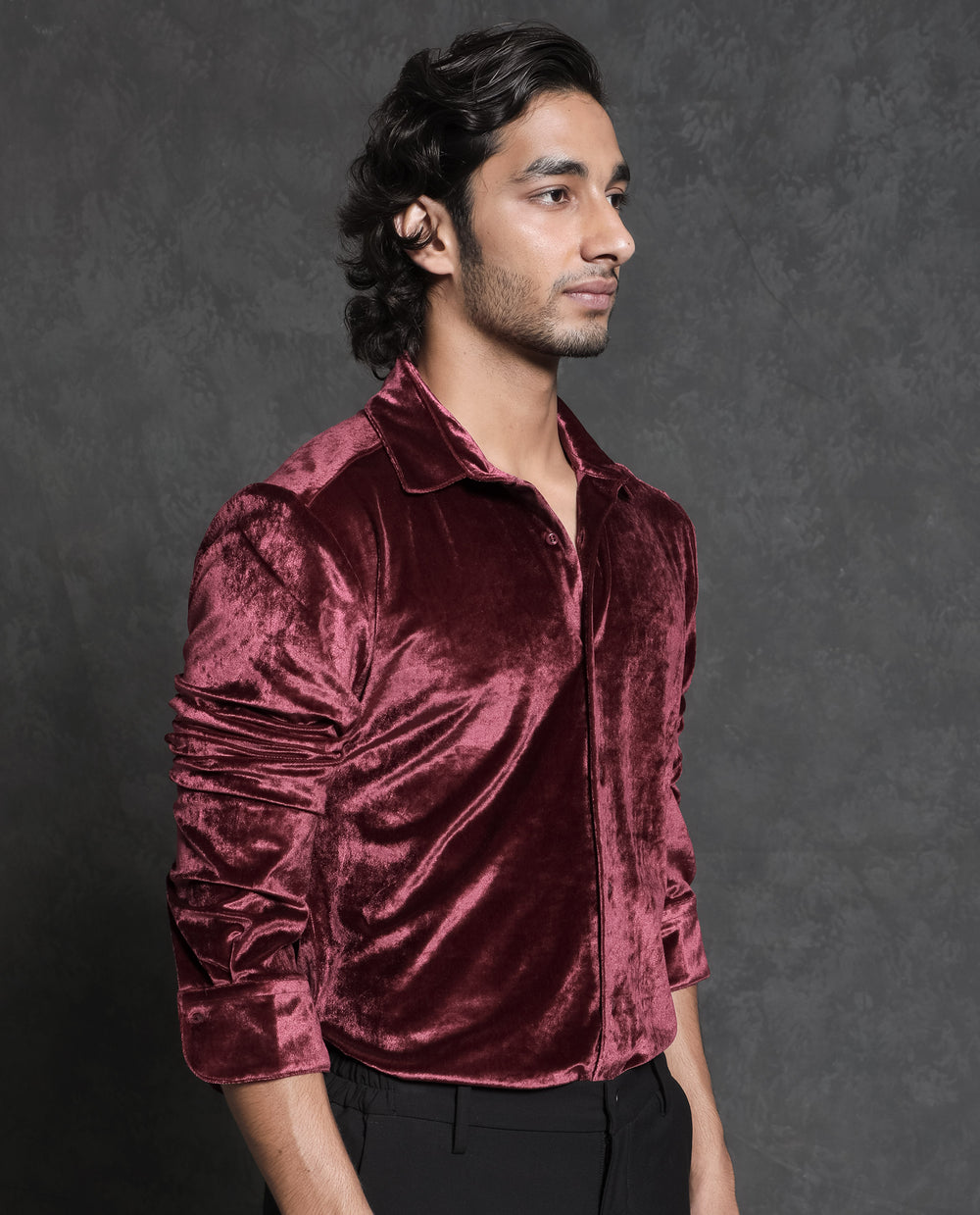 Rare Rabbit Men's Valve Maroon Velvet Full Sleeves Solid Shirt