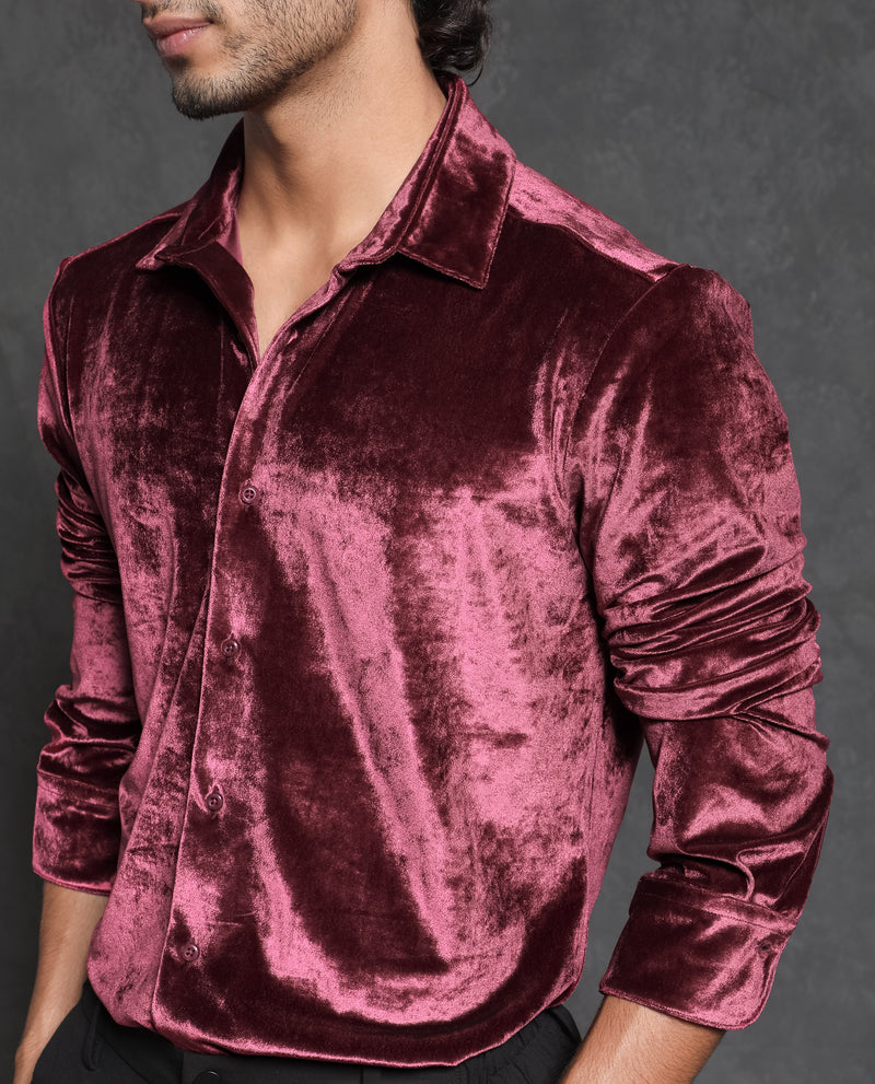Rare Rabbit Men's Valve Maroon Velvet Texture Full Sleeves Solid Shirt
