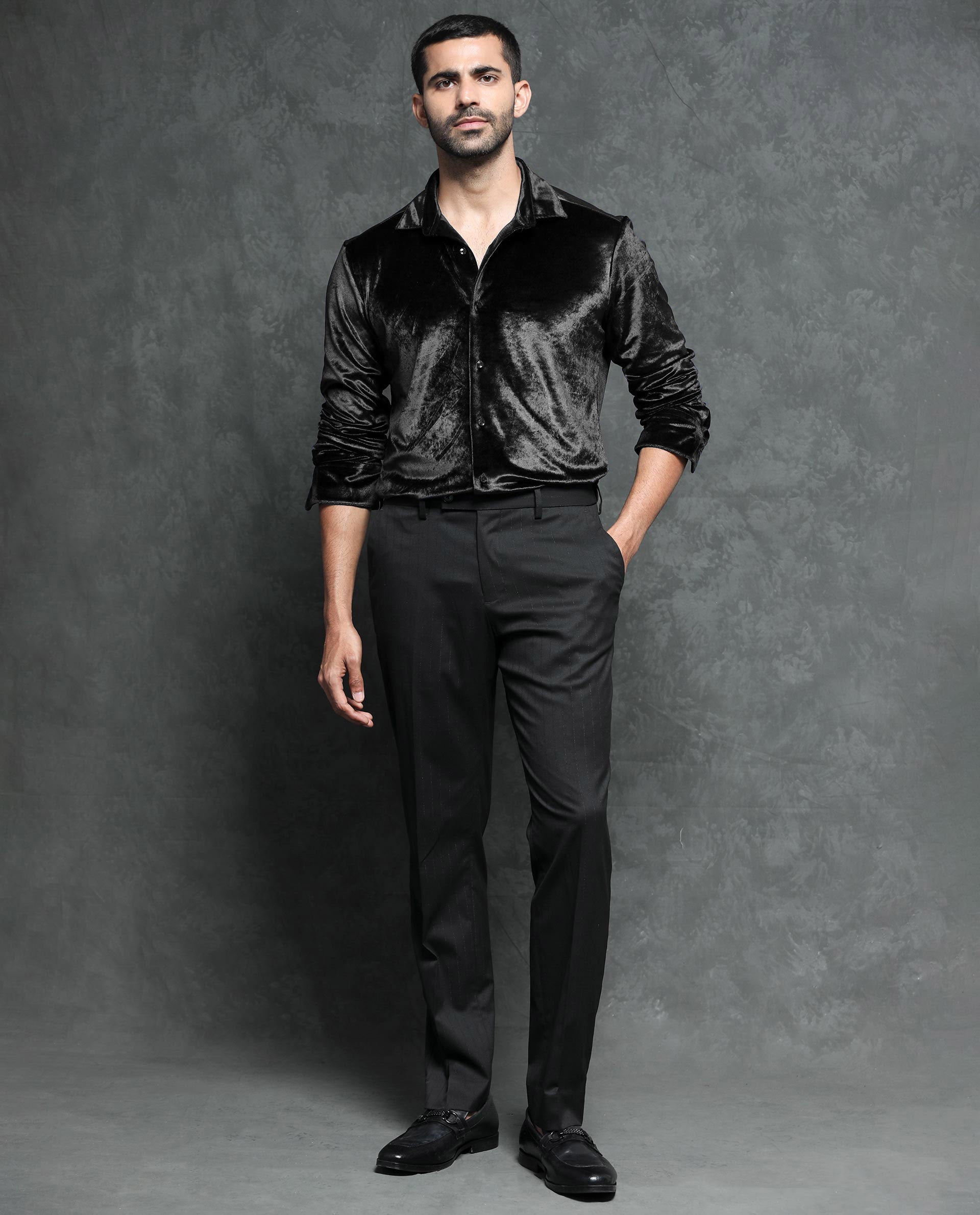 Rare Rabbit Men's Valve Black Velvet Fabric Full Sleeves Solid Shirt