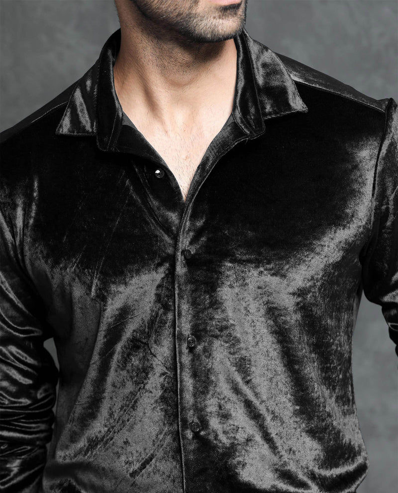 Rare Rabbit Men's Valve Black Velvet Fabric Full Sleeves Solid Shirt