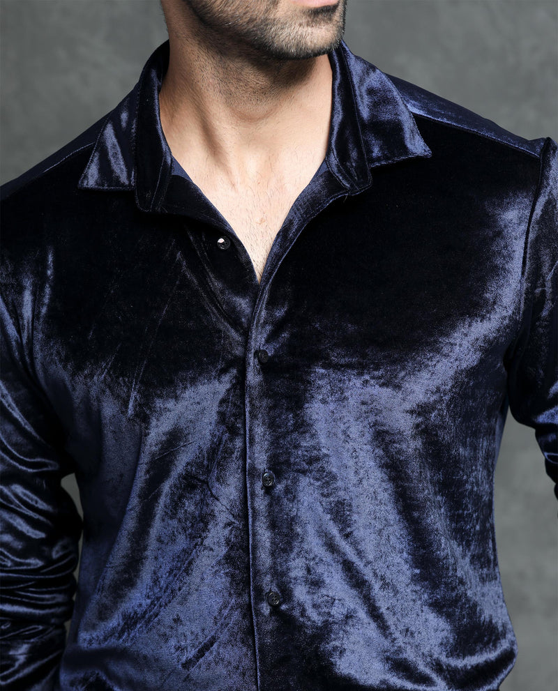 Rare Rabbit Men's Valve Navy Velvet Fabric Full Sleeves Solid Shirt
