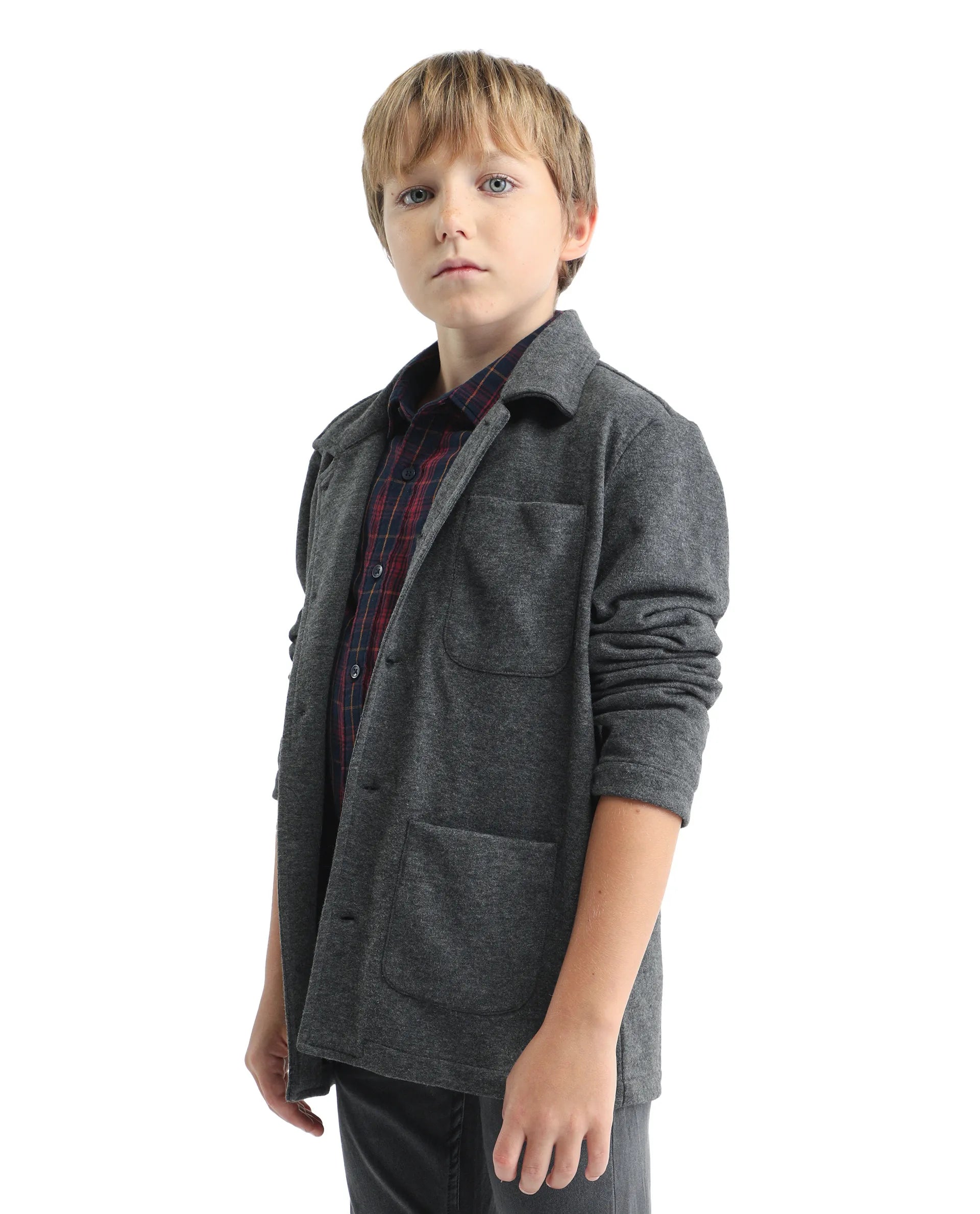 Rare Ones Kids Van-K Grey Cotton Blend Button Closure Flat Collar Plain Full Sleeves Regular Fit Jacket