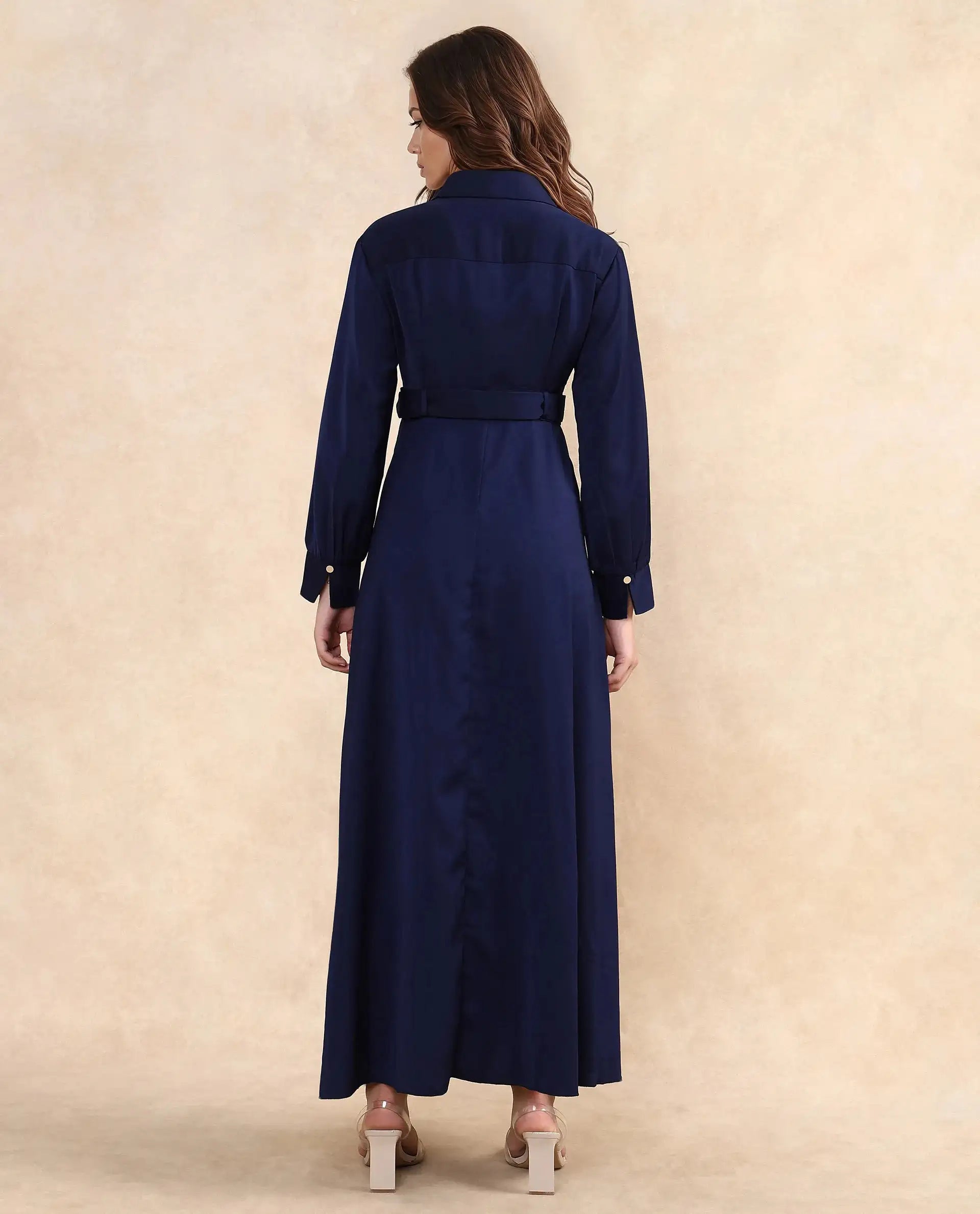 Rareism Women Vanadzor Navy Satin Bishop Sleeve Collared Neck Button Closure Flared Fit Maxi Plain Dress