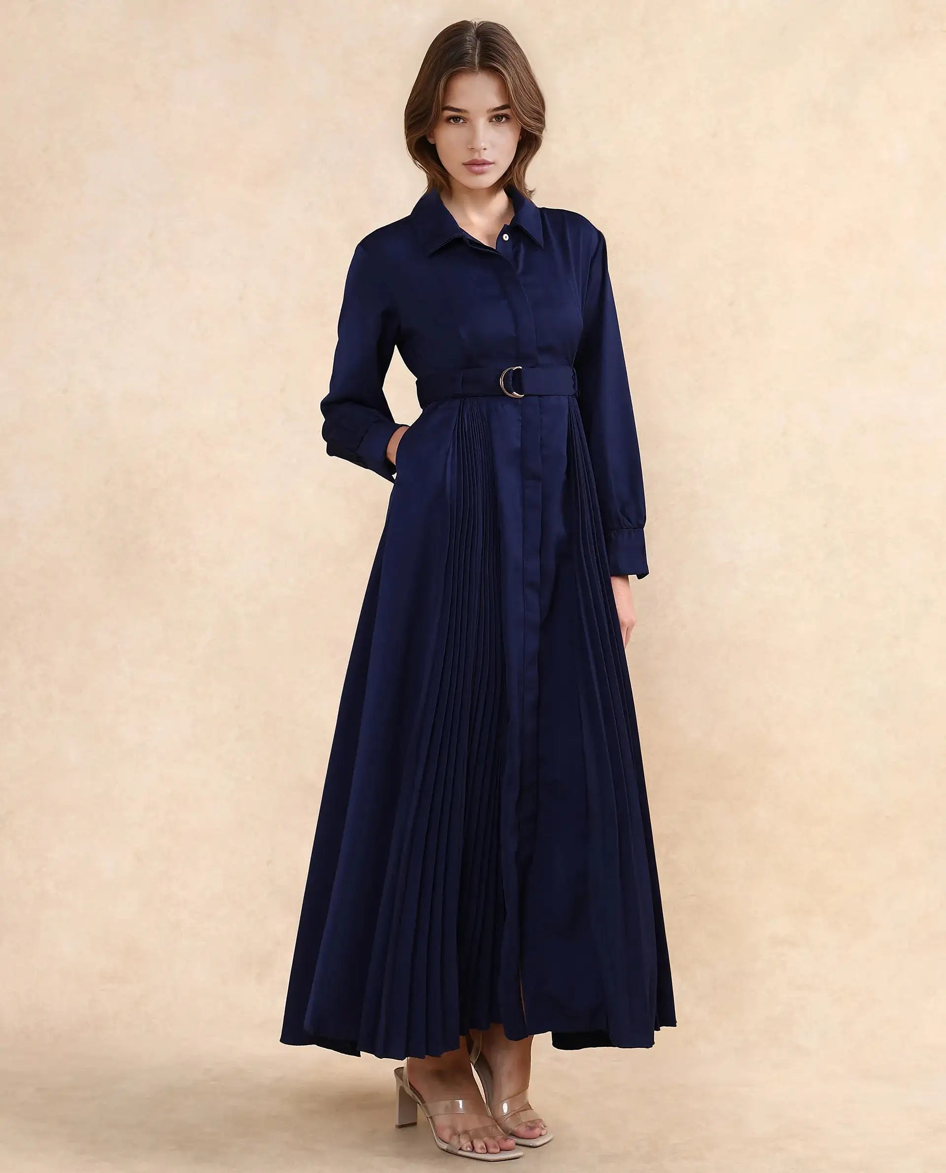 Rareism Women Vanadzor Navy Satin Bishop Sleeve Collared Neck Button Closure Flared Fit Maxi Plain Dress