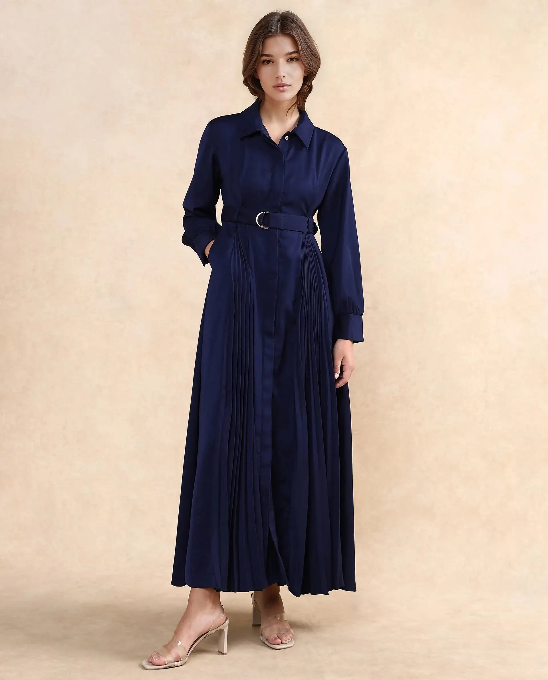 Rareism Women Vanadzor Navy Satin Bishop Sleeve Collared Neck Button Closure Flared Fit Maxi Plain Dress