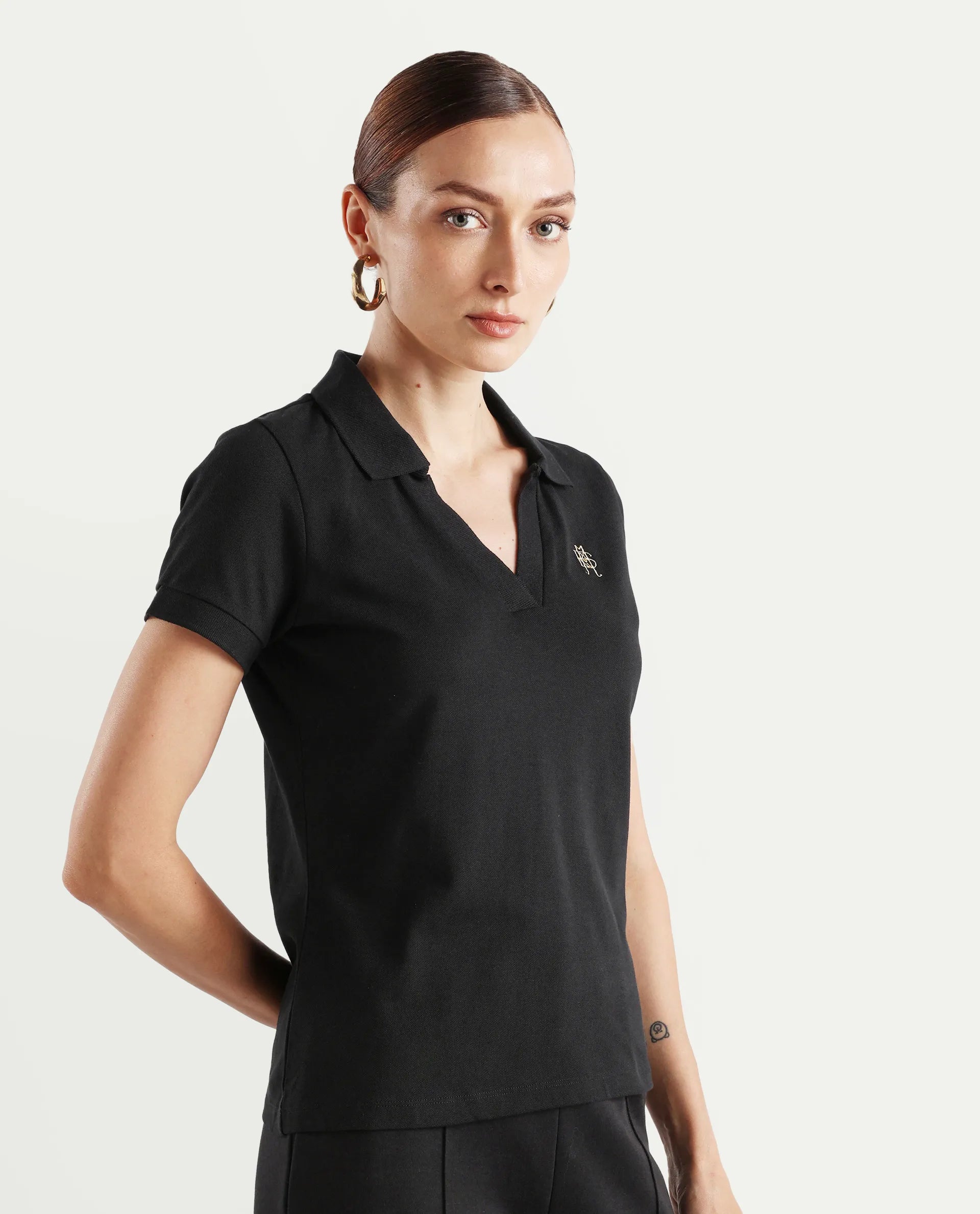 Rareism Women's Van Black Cotton Blend Polo Neck Plain Regular Fit Polo