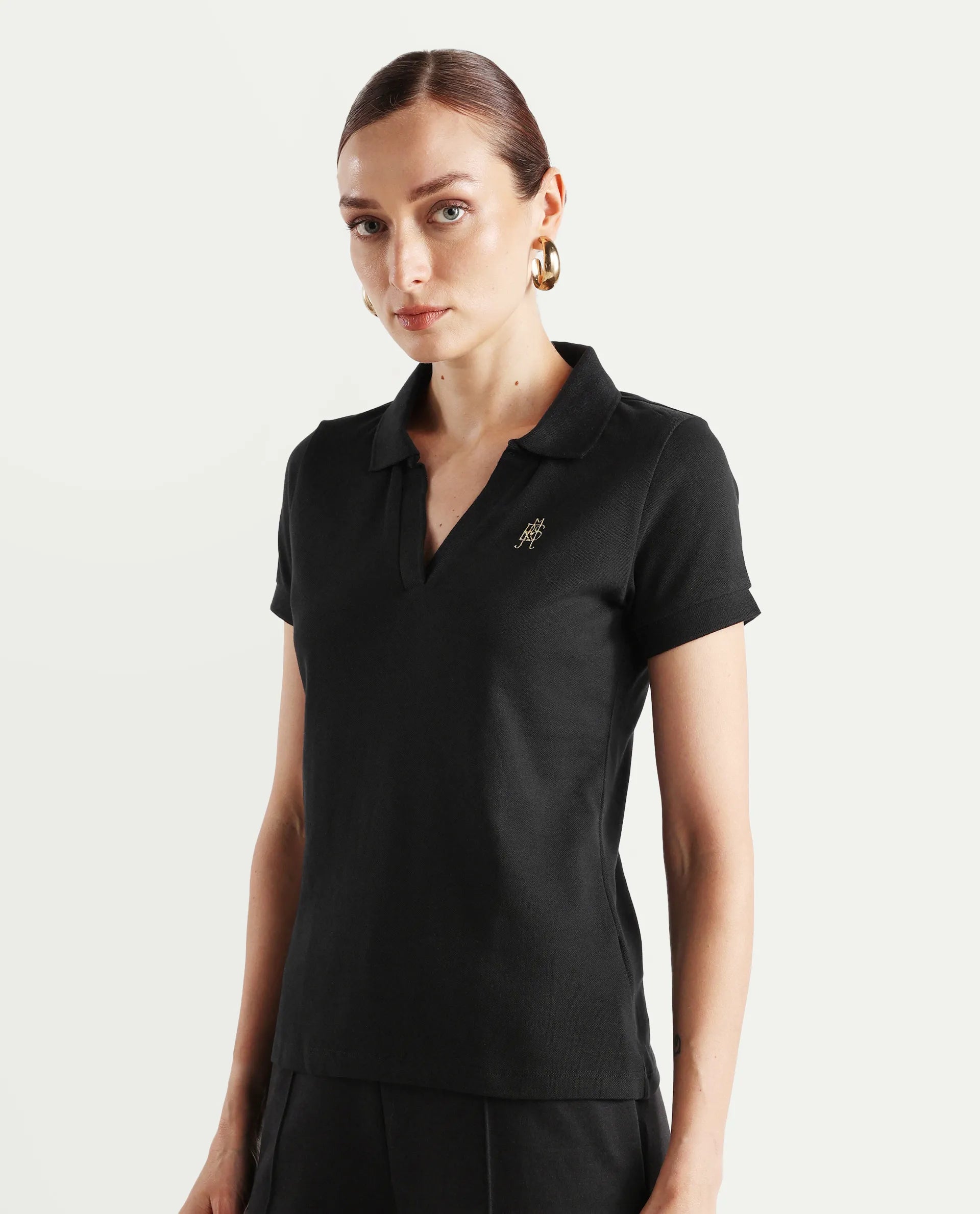 Rareism Women's Van Black Cotton Blend Polo Neck Plain Regular Fit Polo