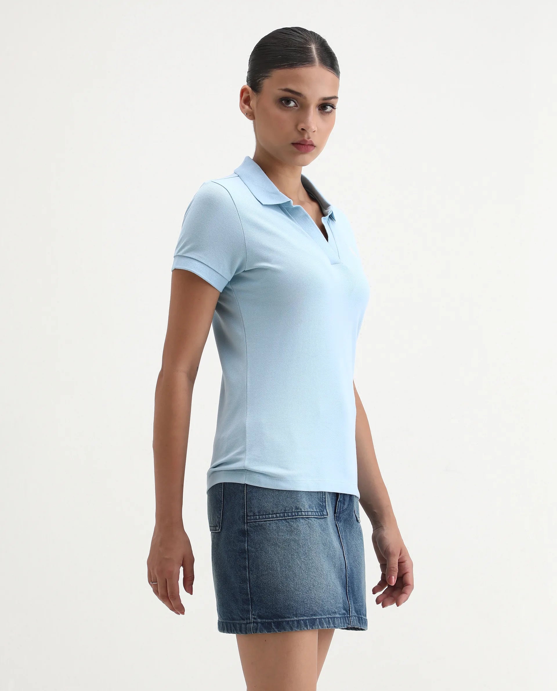 Rareism Women's Van Blue Cotton Blend Polo Neck Plain Regular Fit Polo