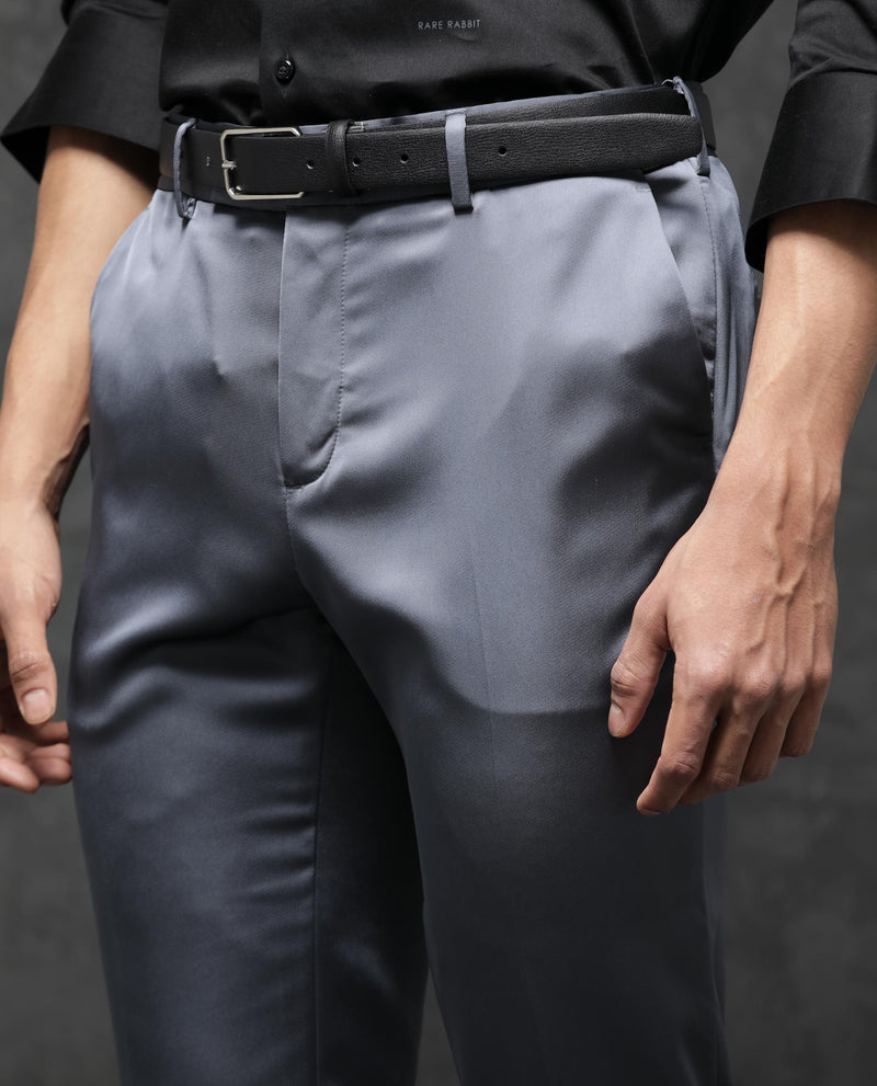 Rare Rabbit Men's Vance Dark Grey Polyester Viscose Fabric Notch Lapel Button Closure Single Breasted Satin Suits