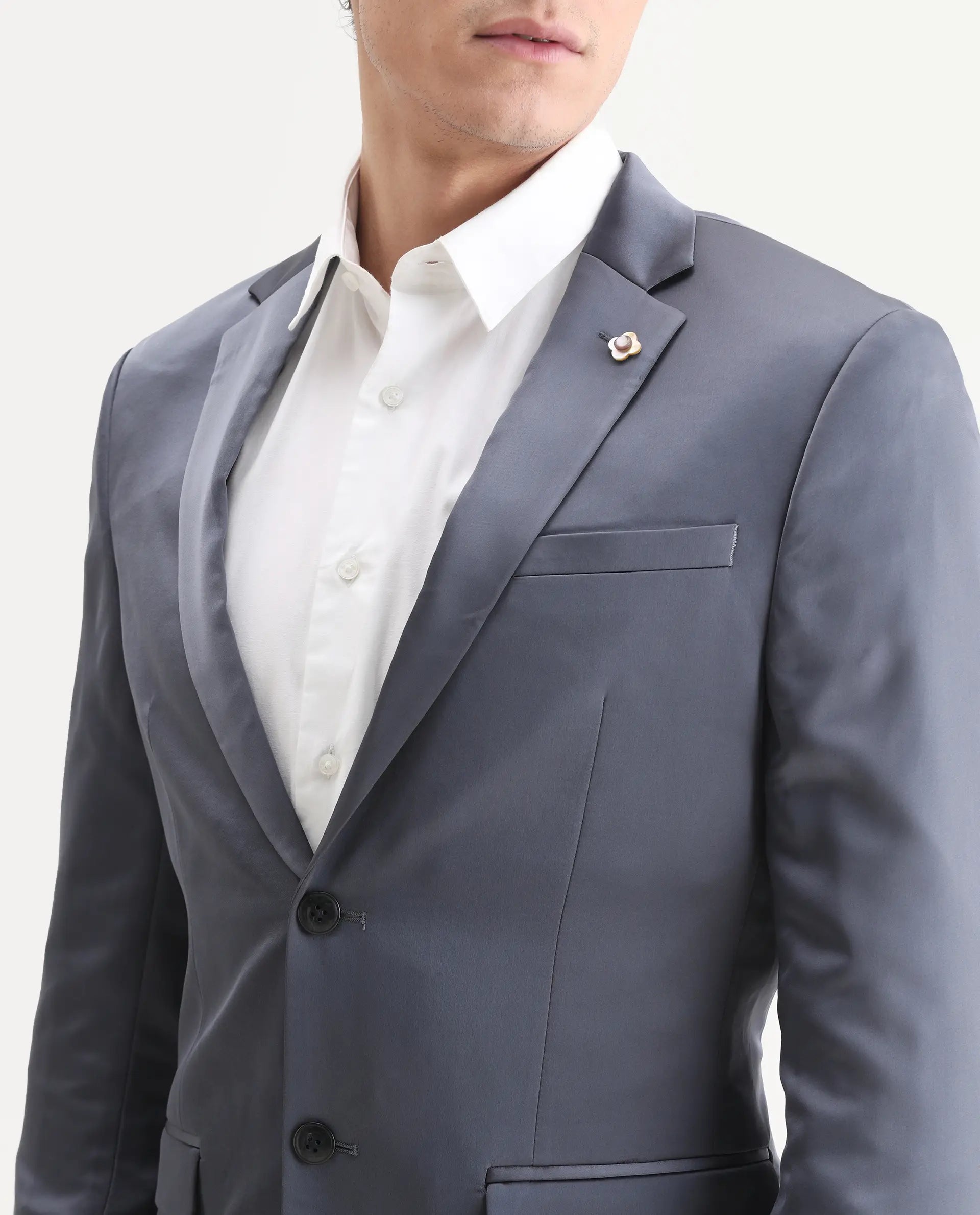 Rare Rabbit Men's Vance Dark Grey Satin Plain Tailored Fit Full Sleeve Lapel Neck Suits