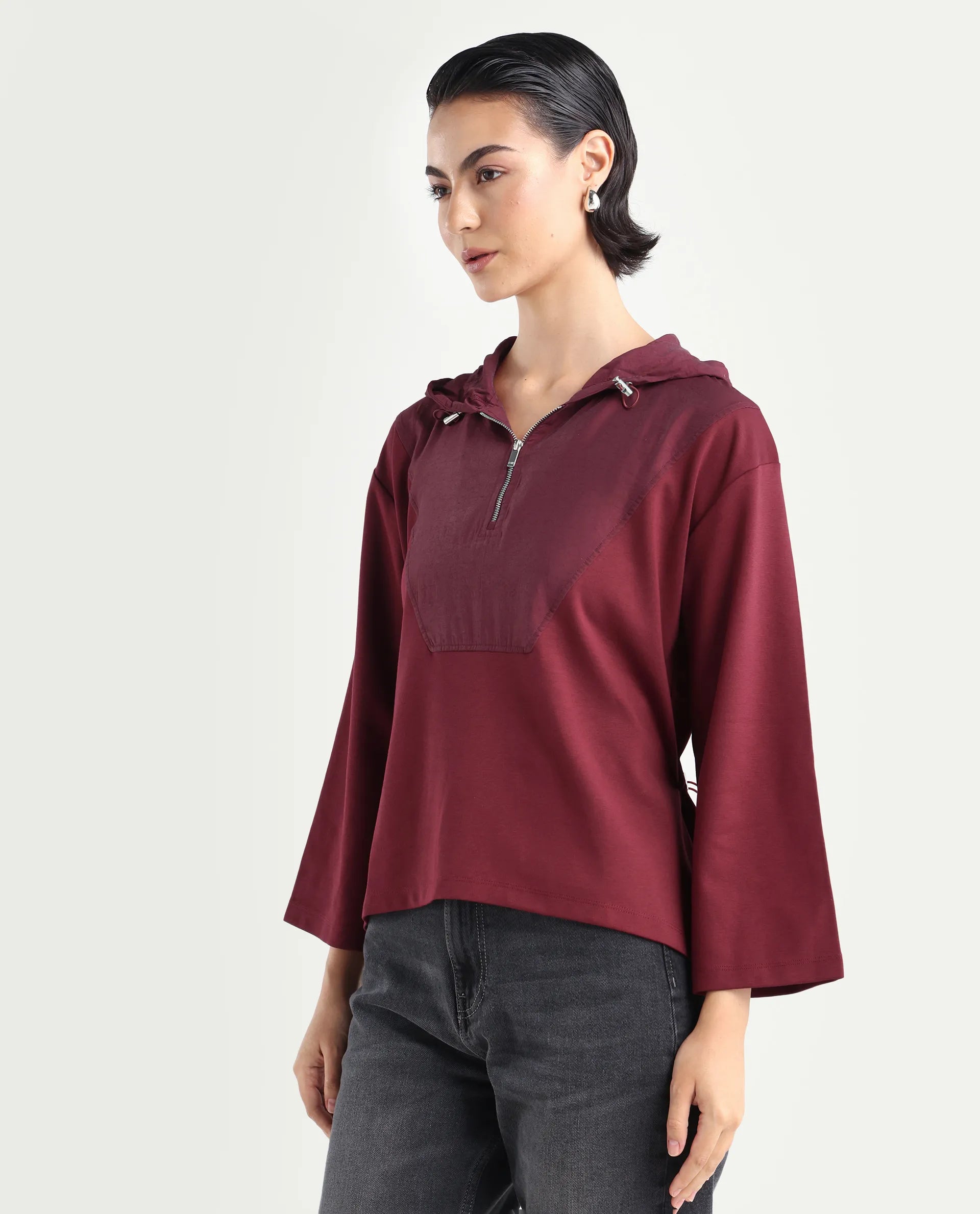 Rareism Women's Vancouver Maroon Cotton Blend Hooded Plain Relaxed Fit Sweatshirt