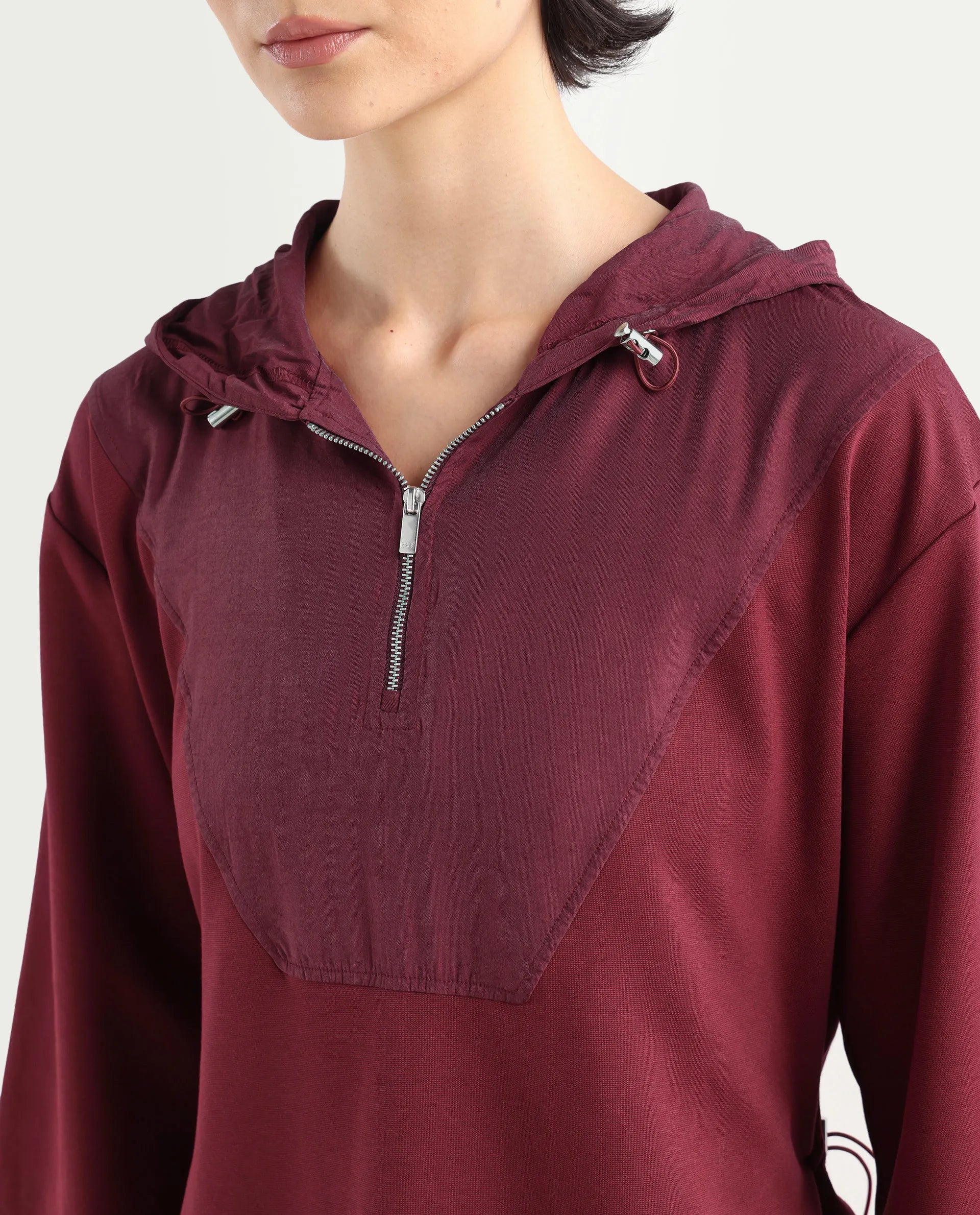 Rareism Women's Vancouver Maroon Cotton Blend Hooded Plain Relaxed Fit Sweatshirt