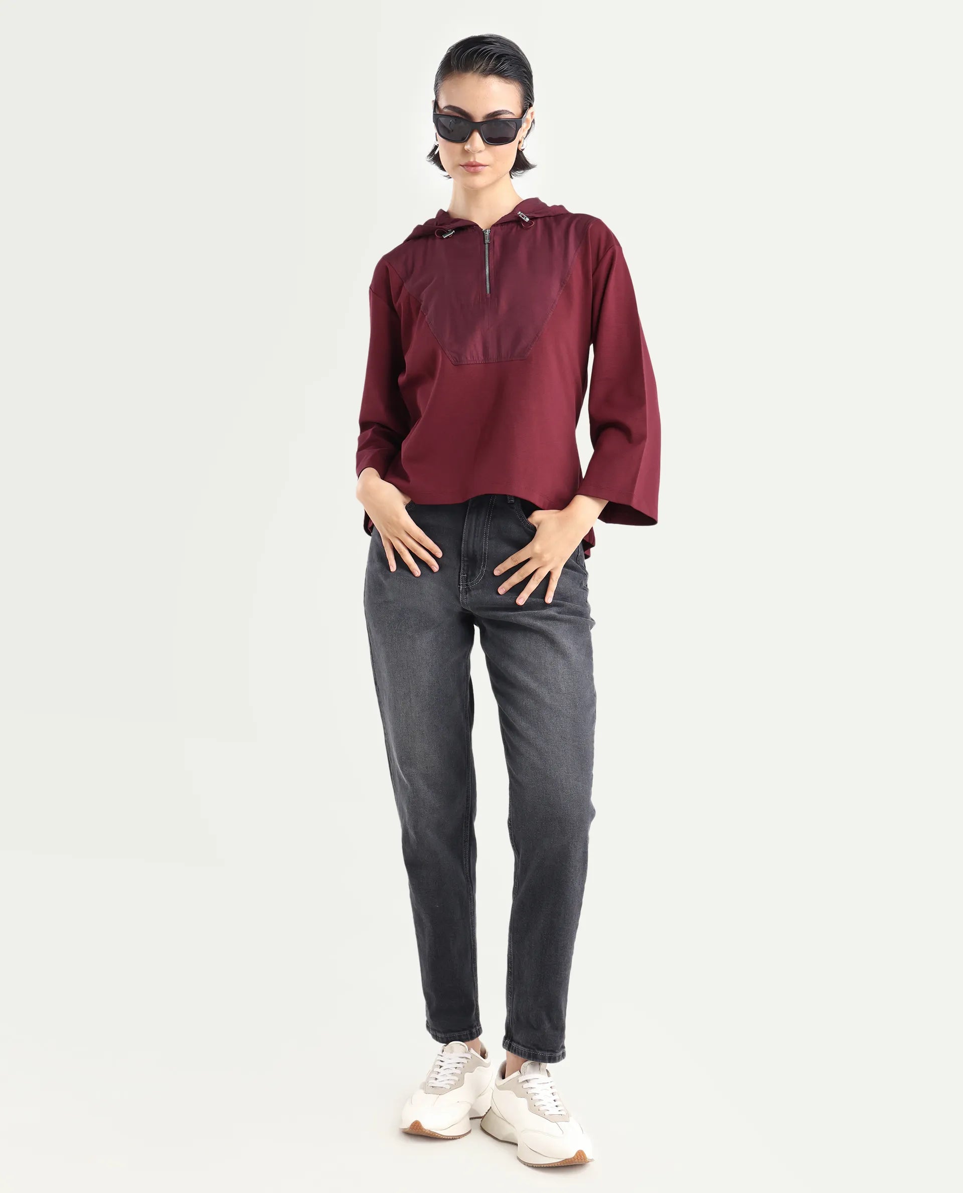 Rareism Women's Vancouver Maroon Cotton Blend Hooded Plain Relaxed Fit Sweatshirt