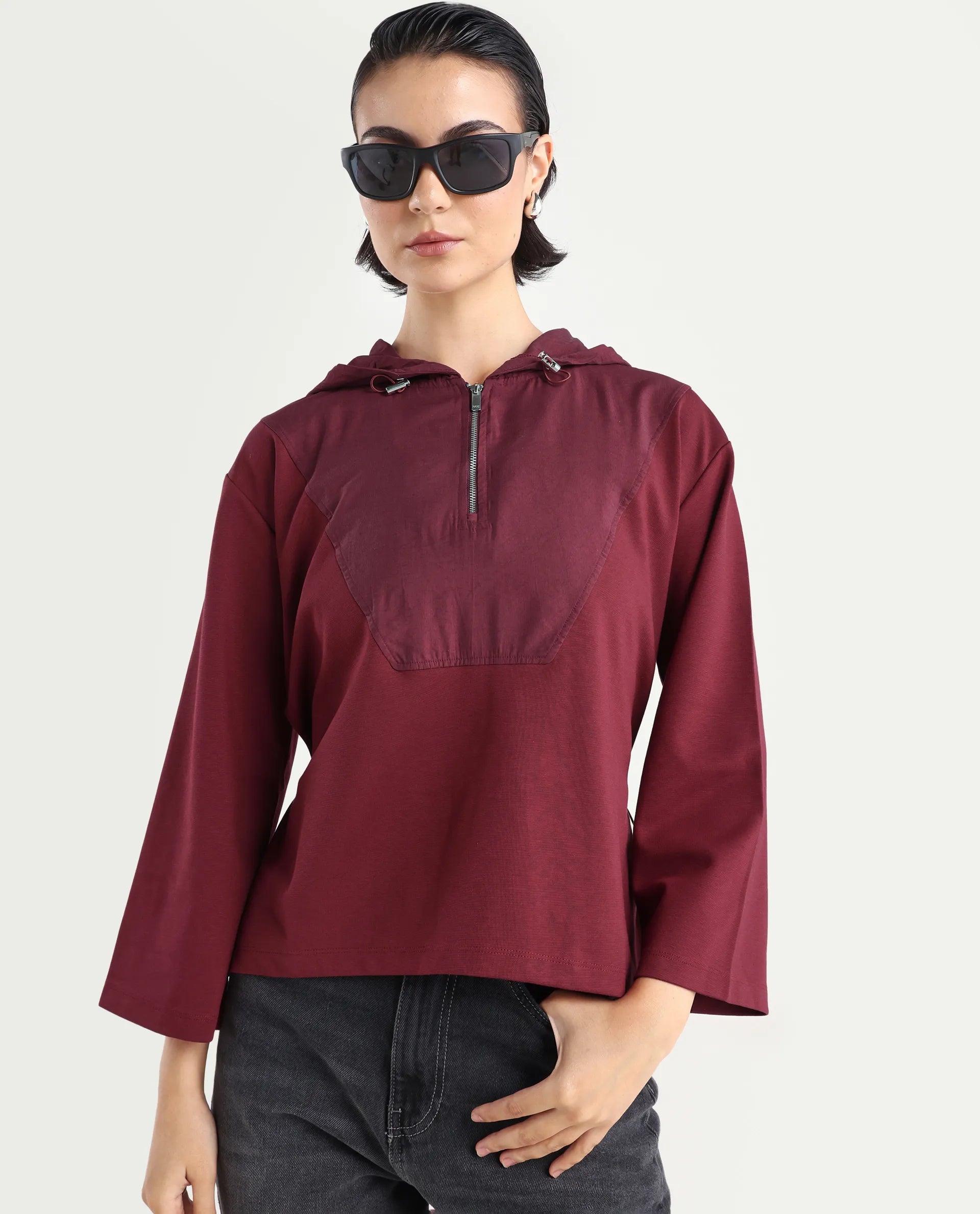 Rareism Women's Vancouver Maroon Cotton Blend Hooded Plain Relaxed Fit Sweatshirt