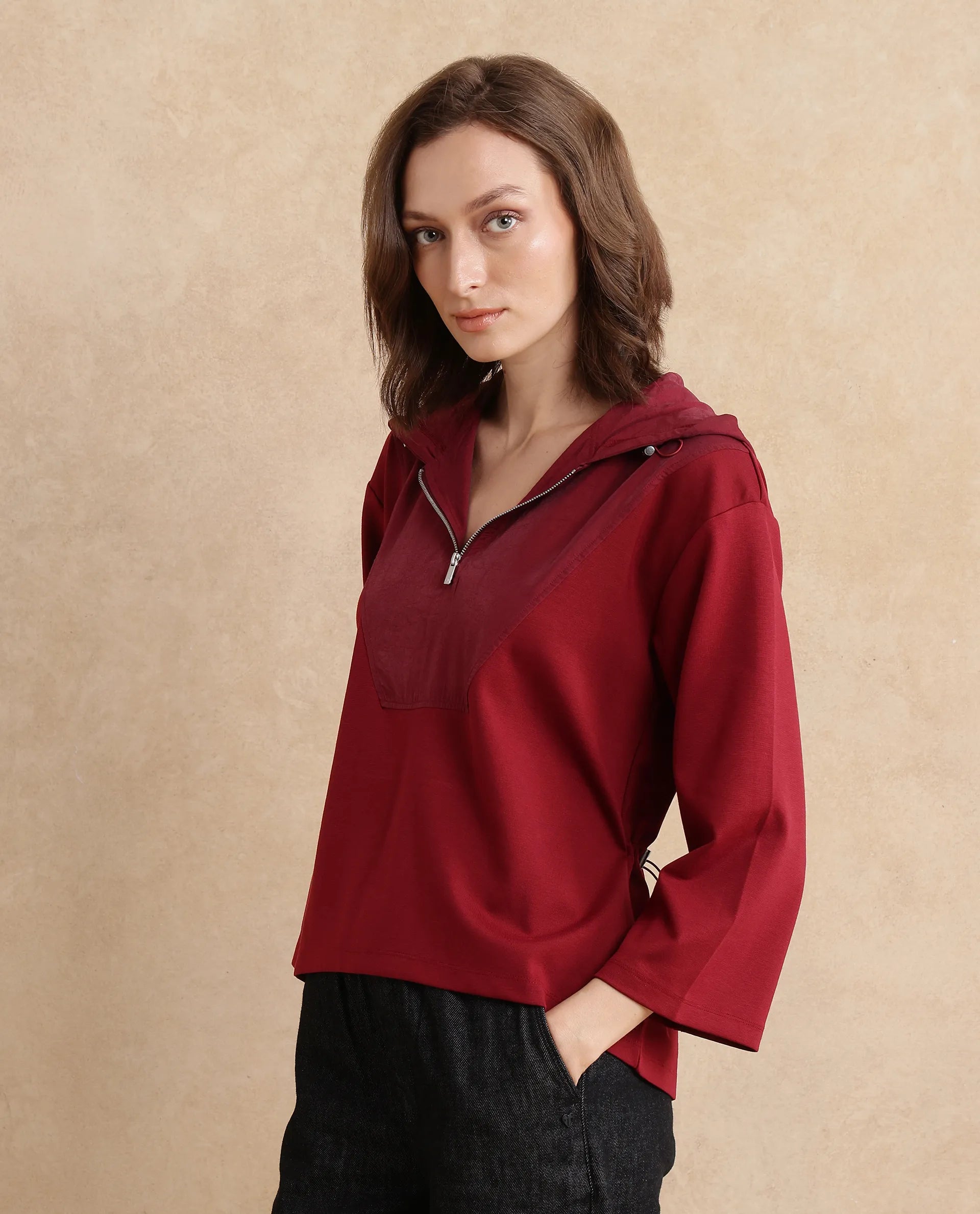 Rareism Women Vancouver Maroon Cotton Viscose Fabric Full Sleeve Hooded Zipper Closure Relaxed Fit Plain Sweatshirt