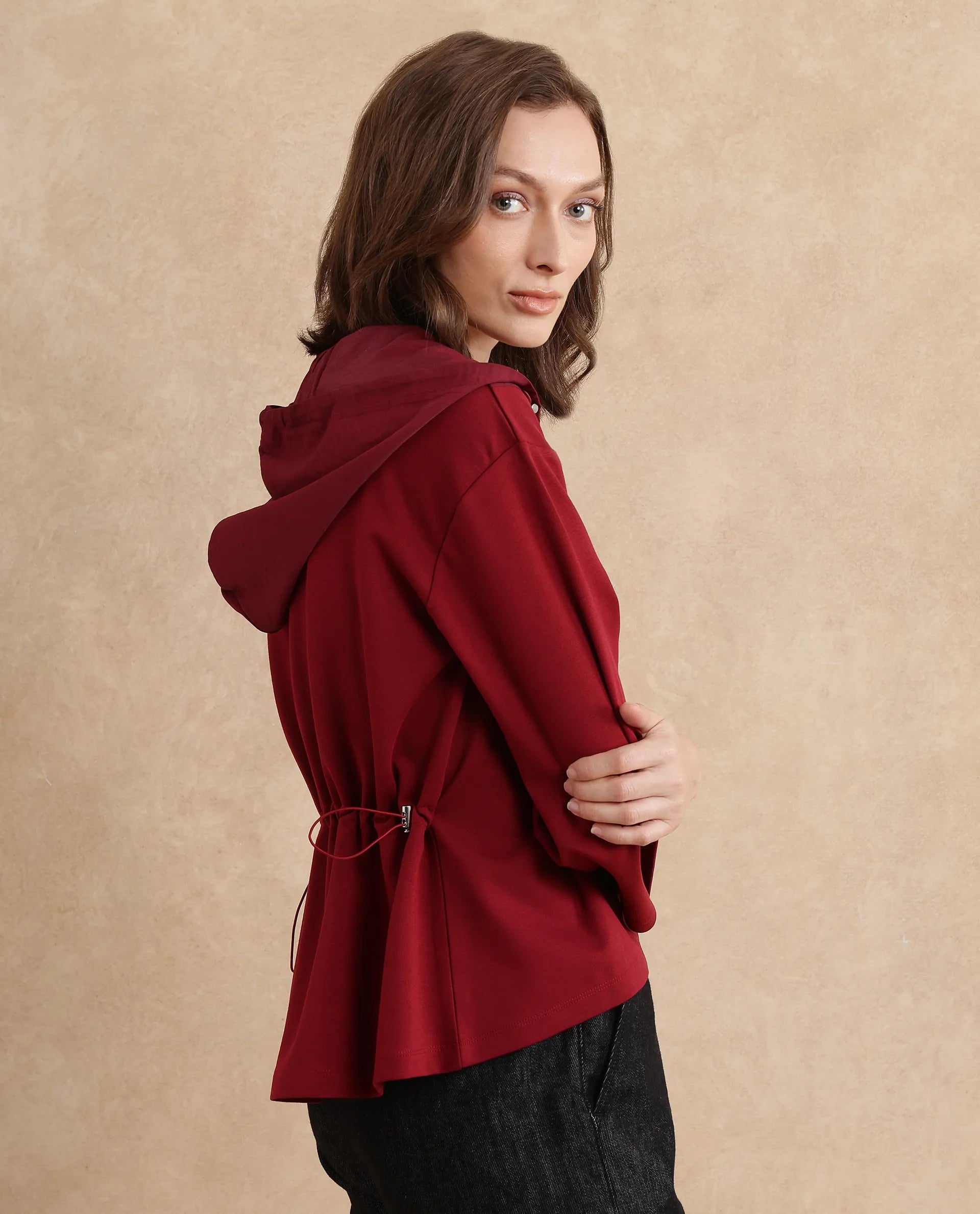 Rareism Women Vancouver Maroon Cotton Viscose Fabric Full Sleeve Hooded Zipper Closure Relaxed Fit Plain Sweatshirt