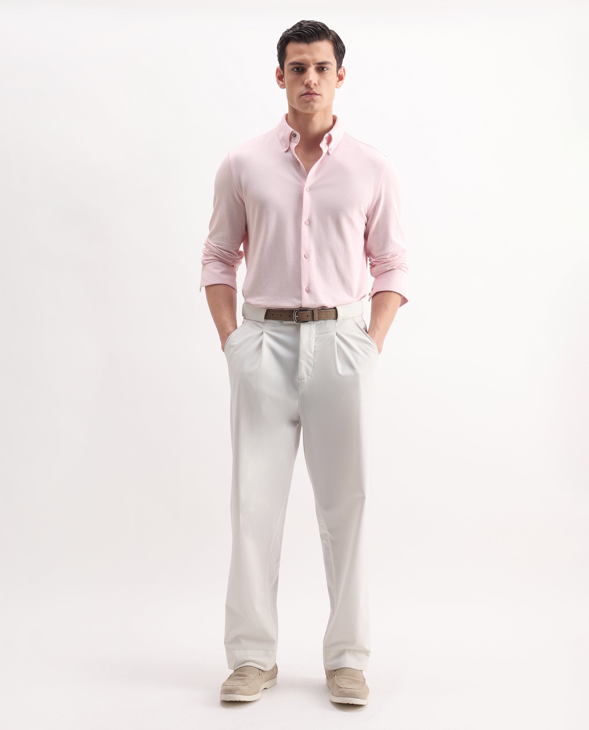 Rare Rabbit Men's Vane-25 Light Pink Cotton Plain Regular Fit Full Sleeve Button-Down Collar Shirt