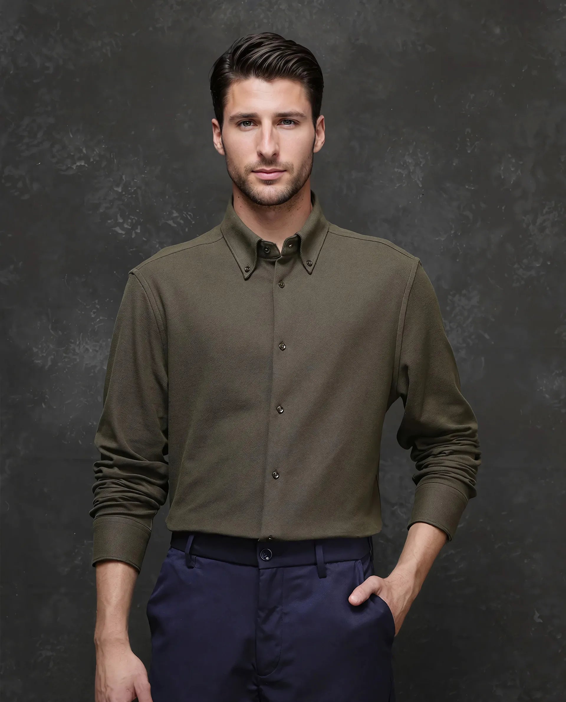 Rare Rabbit Men Vane Dark Olive Cotton Fabric Full Sleeves Regular Collar Regular Fit Plain Shirt