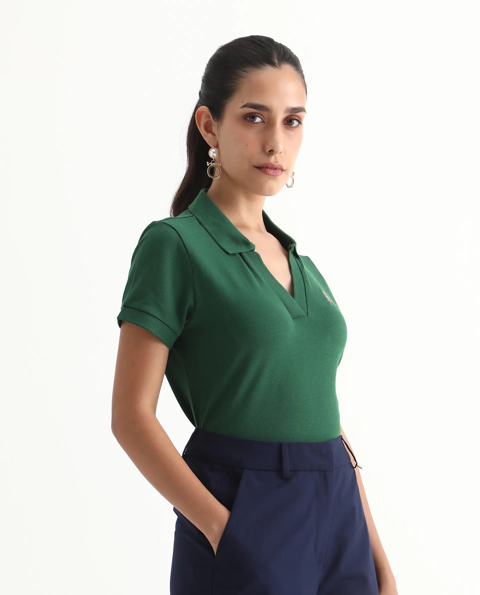 Rareism Women's Van Green Cotton Blend Polo Neck Plain Regular Fit Polo