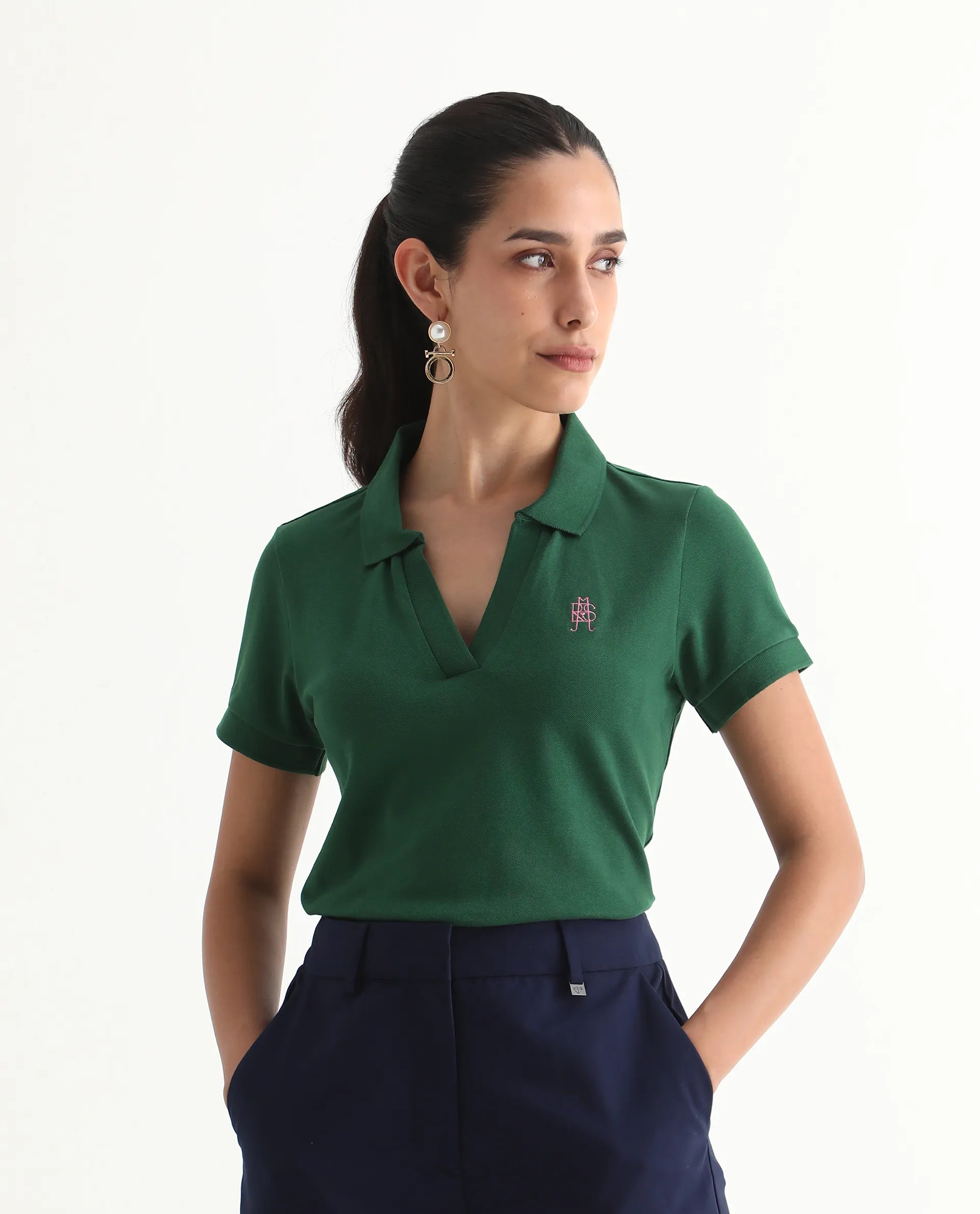 Rareism Women's Van Green Cotton Blend Polo Neck Plain Regular Fit Polo