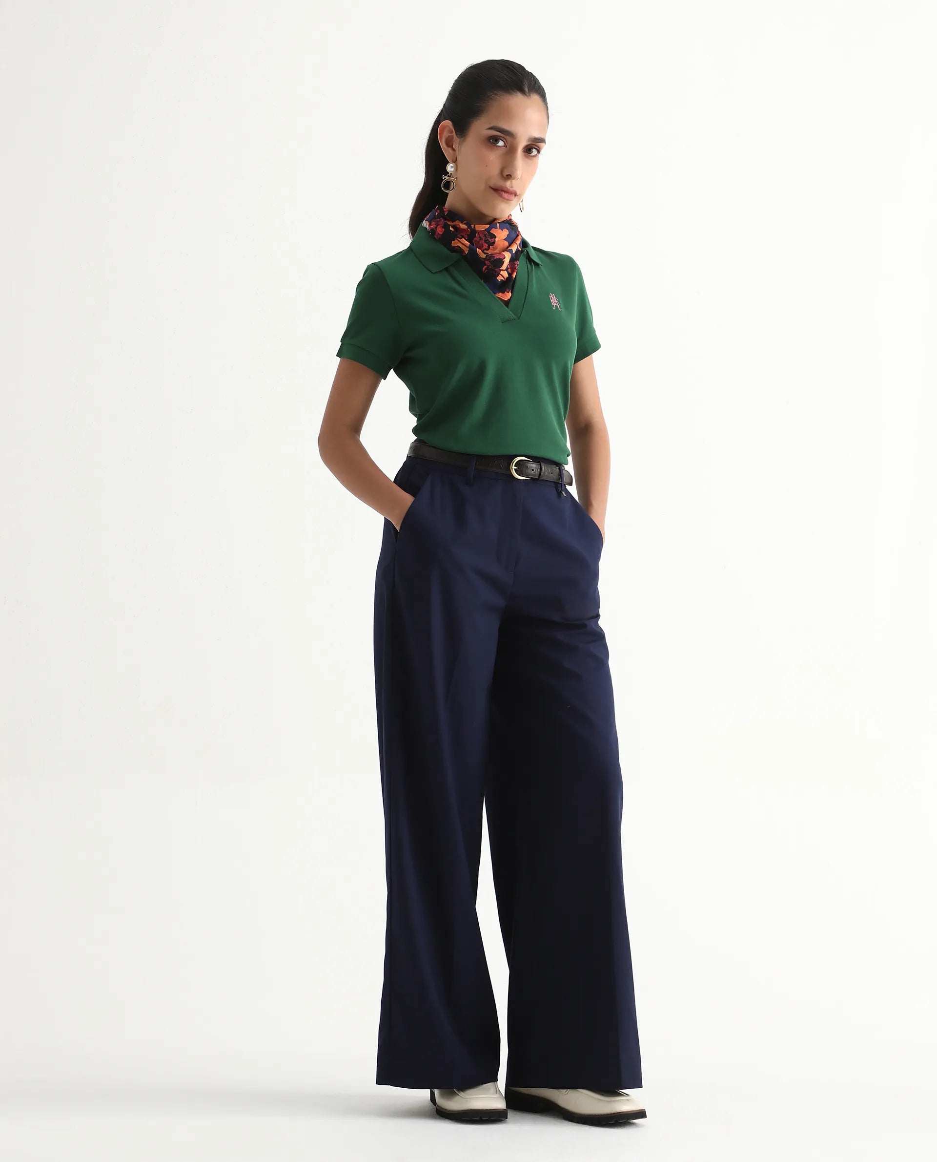 Rareism Women's Van Green Cotton Blend Polo Neck Plain Regular Fit Polo