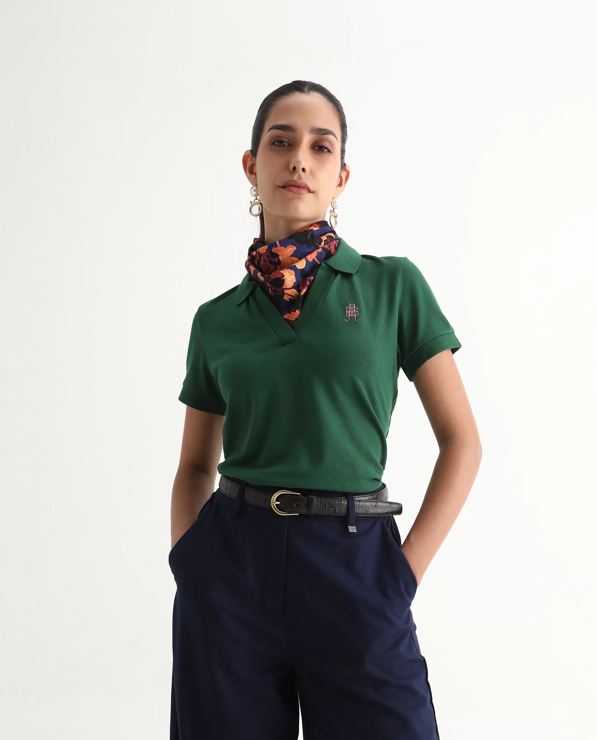 Rareism Women's Van Green Cotton Blend Polo Neck Plain Regular Fit Polo