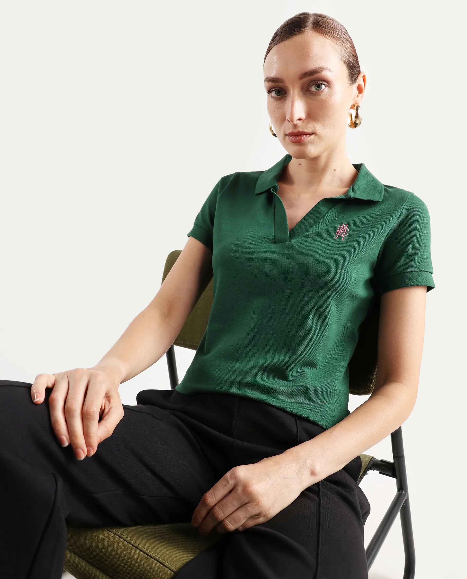 Rareism Women's Van Green Cotton Blend Polo Neck Plain Regular Fit Polo