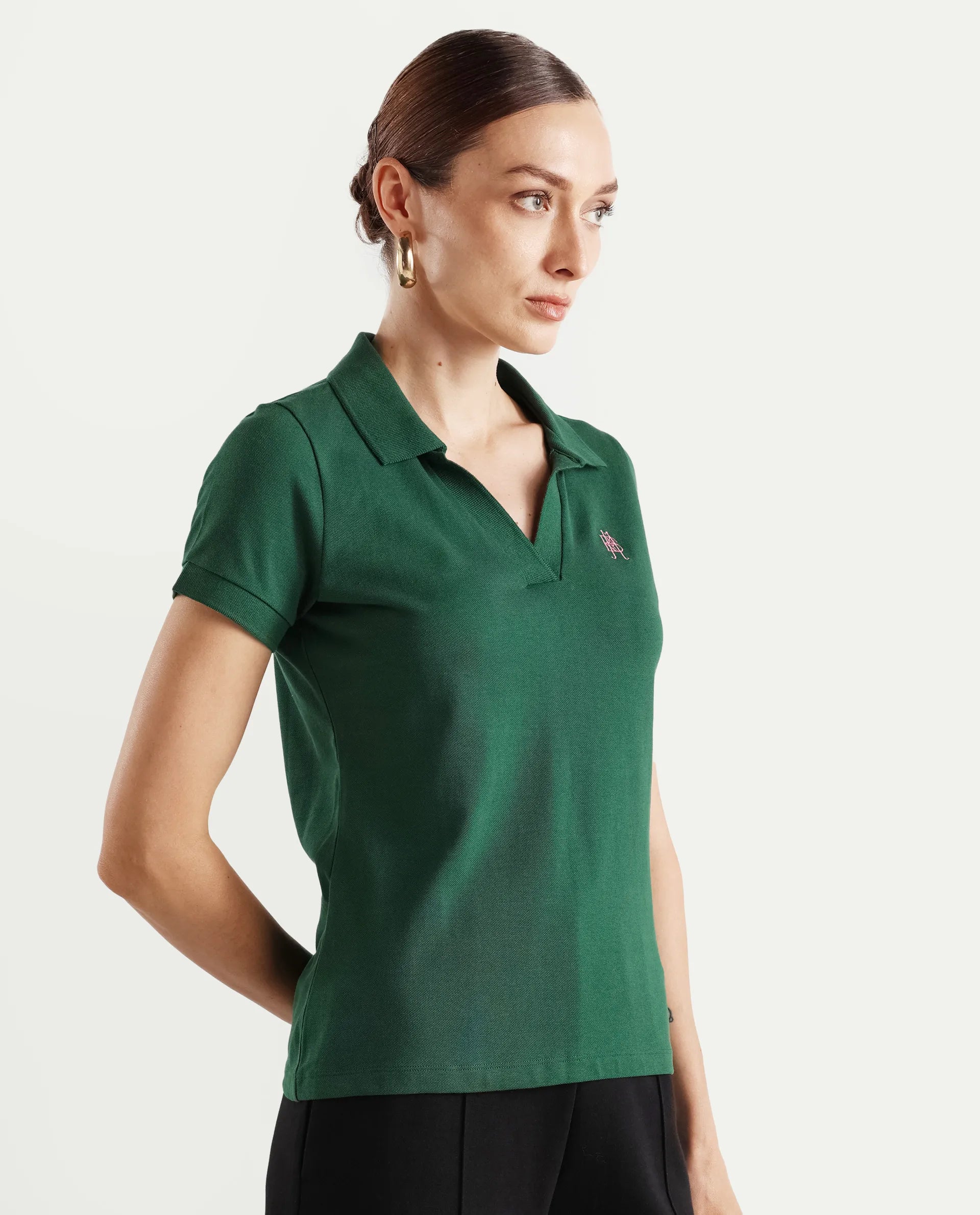 Rareism Women's Van Green Cotton Blend Polo Neck Plain Regular Fit Polo