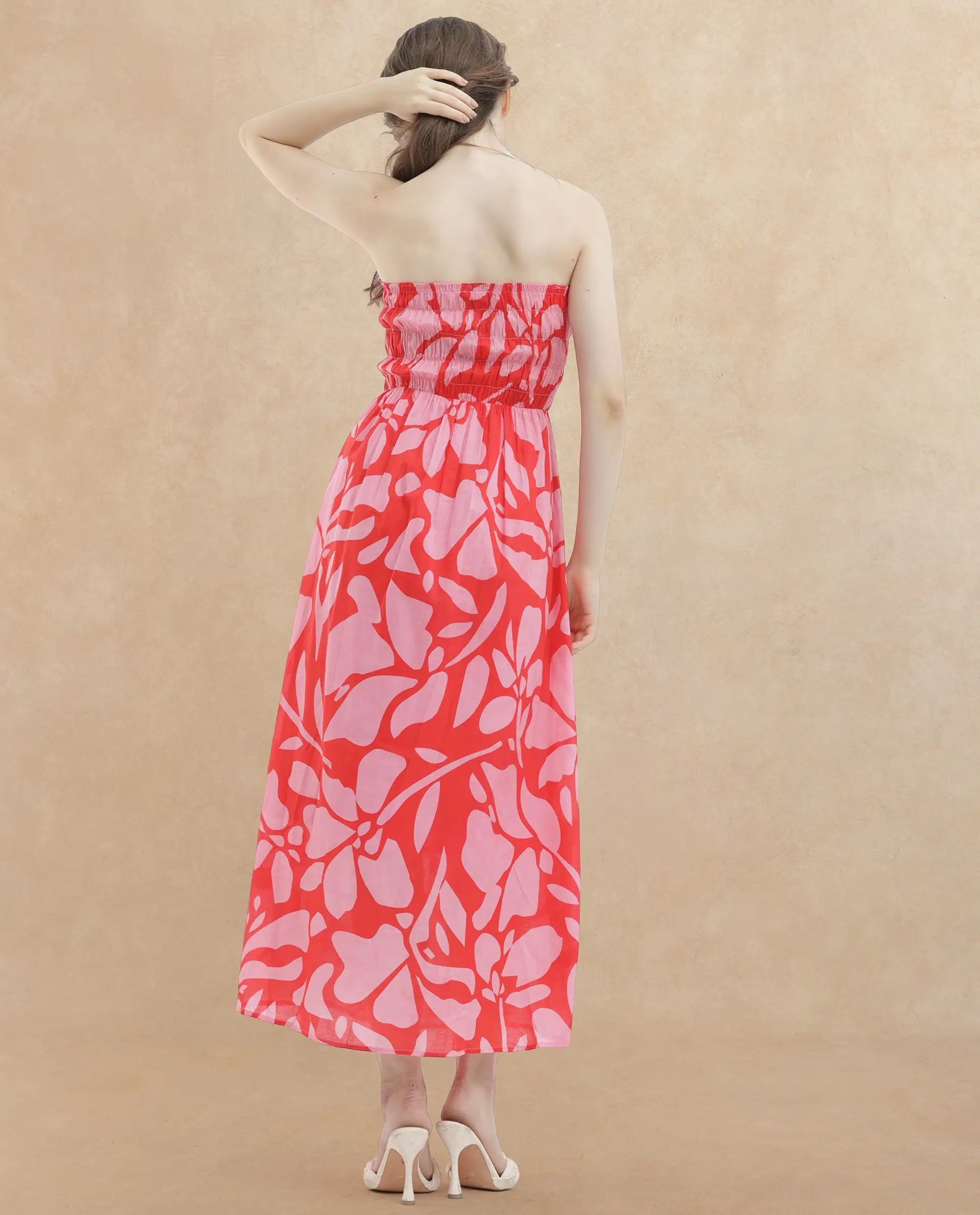 Rareism Women's Vanka Red Cotton Shoulder Strap Floral Print Shoulder Strap Maxi Fit And Flare Dress