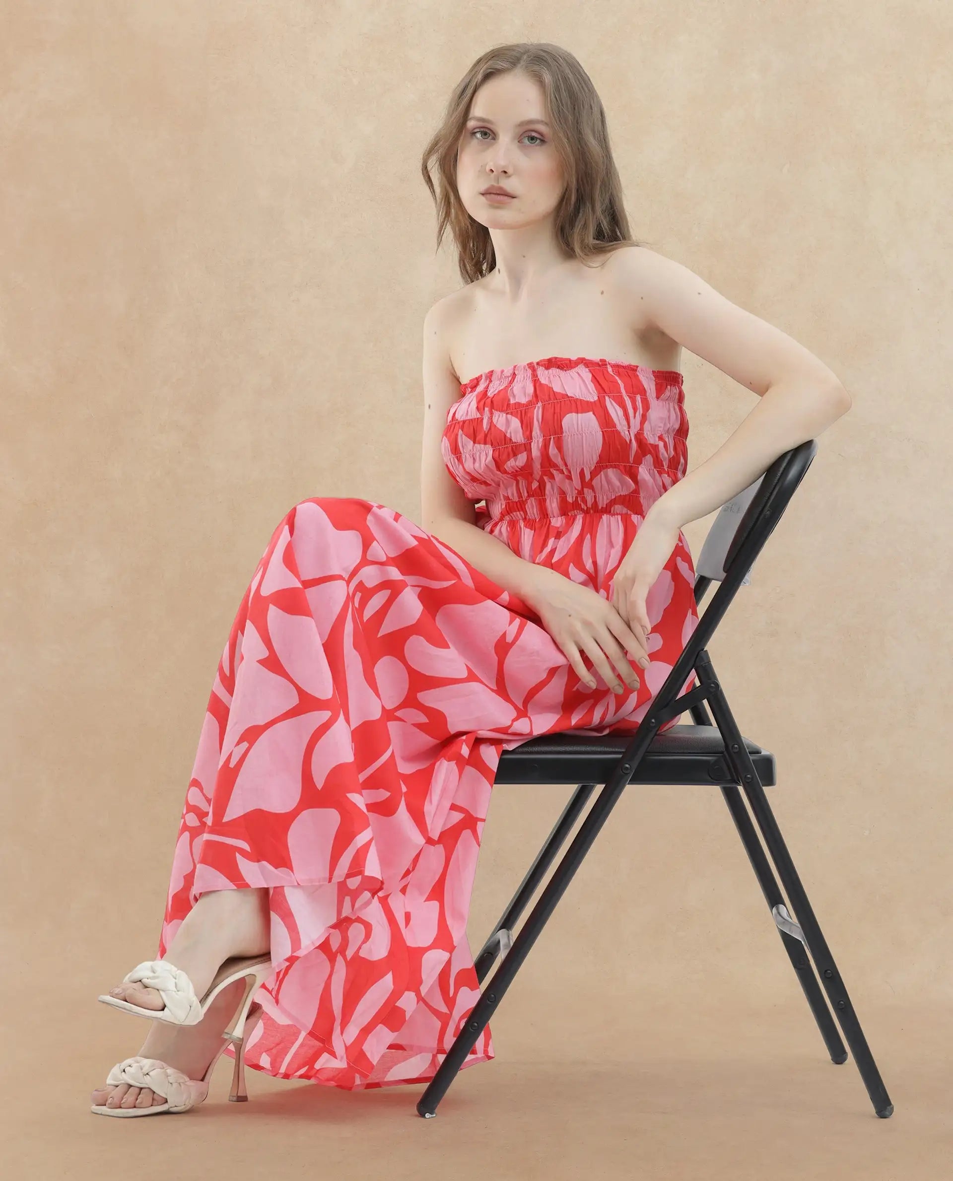 Rareism Women's Vanka Red Cotton Shoulder Strap Floral Print Shoulder Strap Maxi Fit And Flare Dress