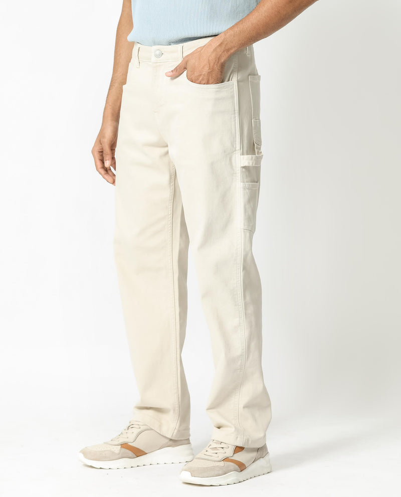 Rare Rabbit Men's Vannes Off-White Garment Dyed Mid Rise Carpenter Fit Jeans
