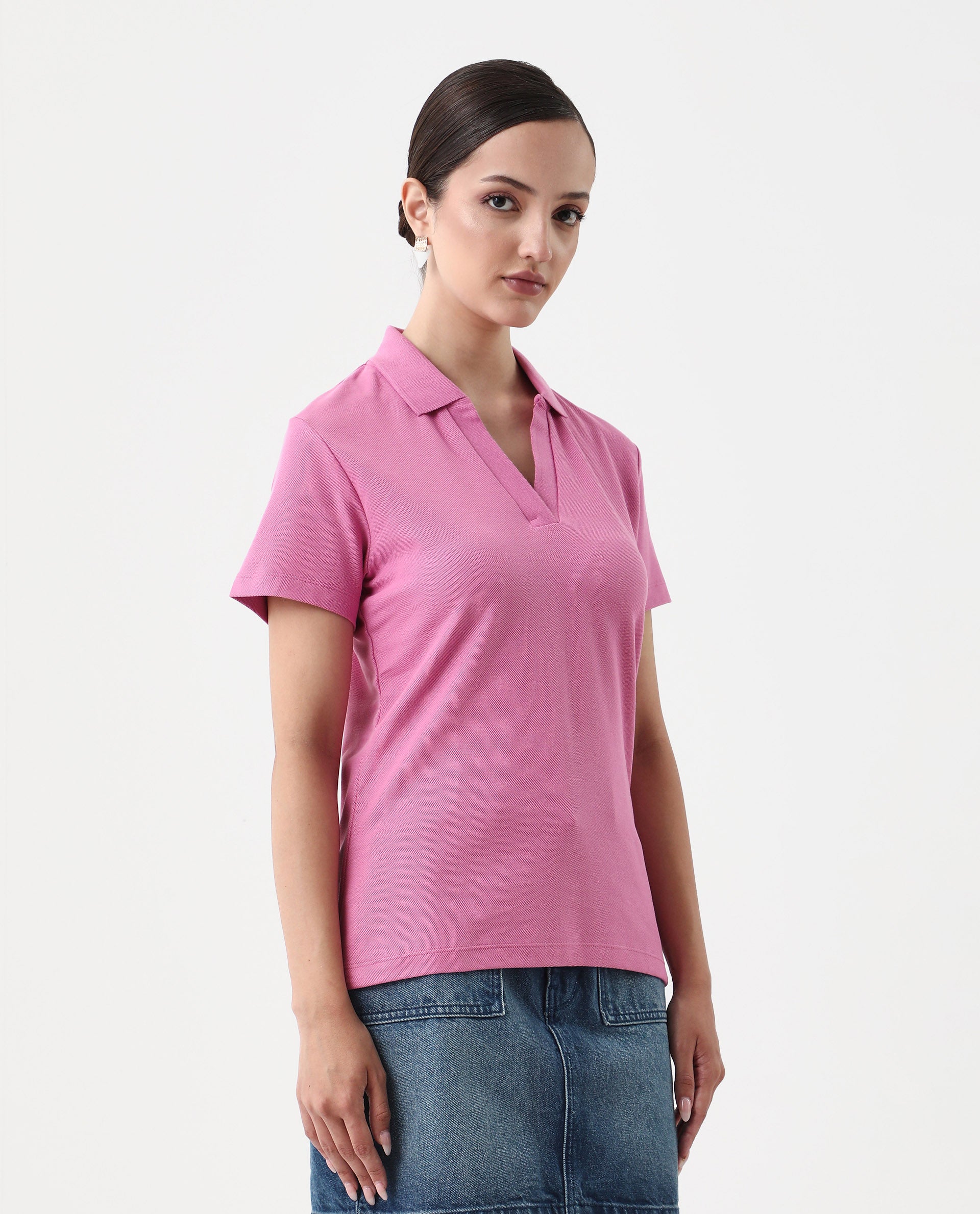 Rareism Women's Vano Pink Cotton Crew Neck Graphic Print Oversized Polo