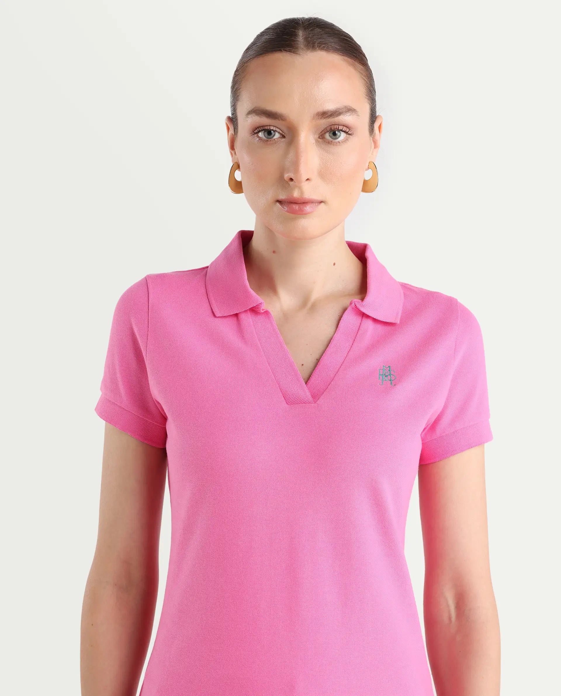 Rareism Women's Van Pink Cotton Blend Polo Neck Plain Regular Fit Polo
