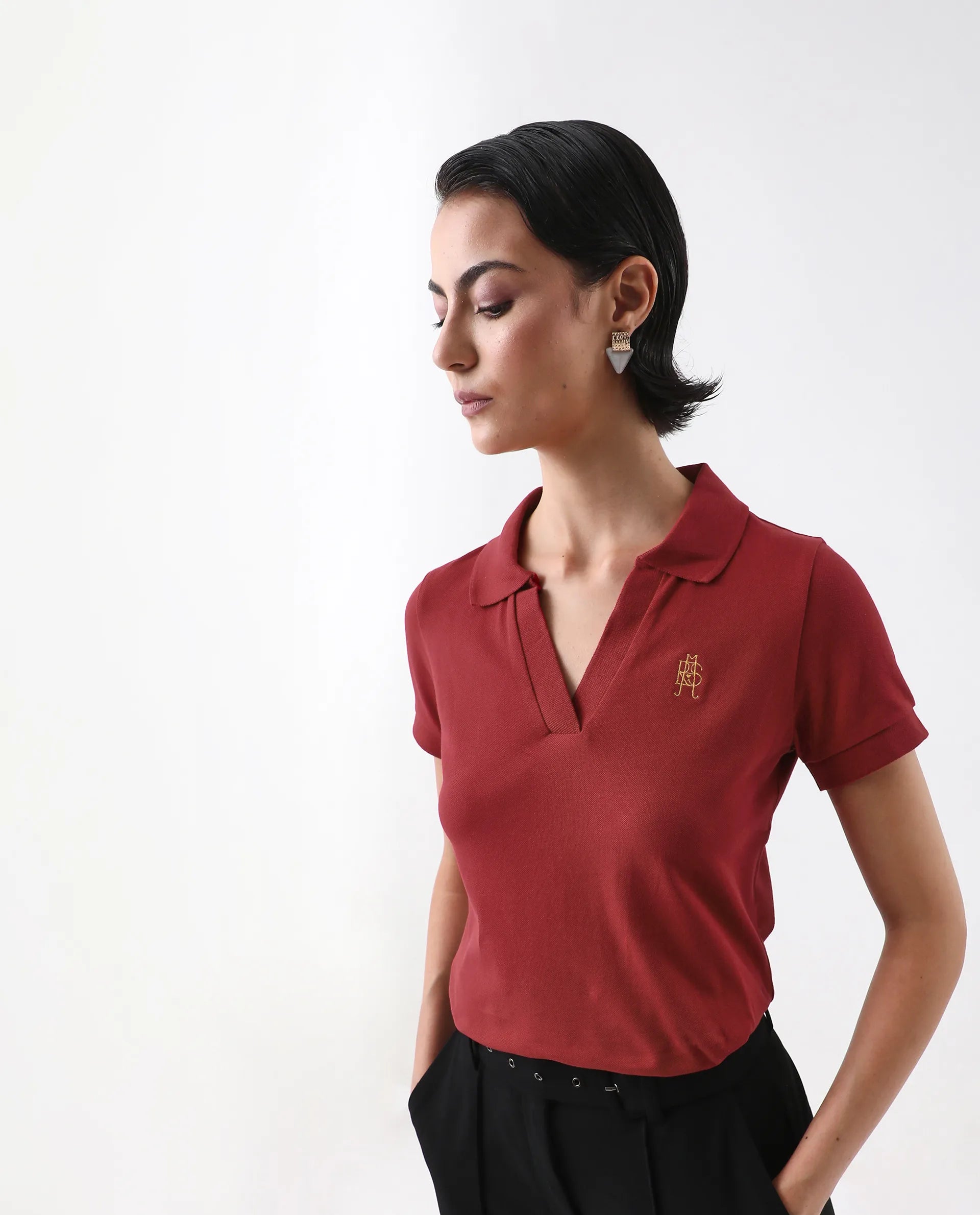 Rareism Women's Van Red Cotton Blend Polo Neck Plain Regular Fit Polo