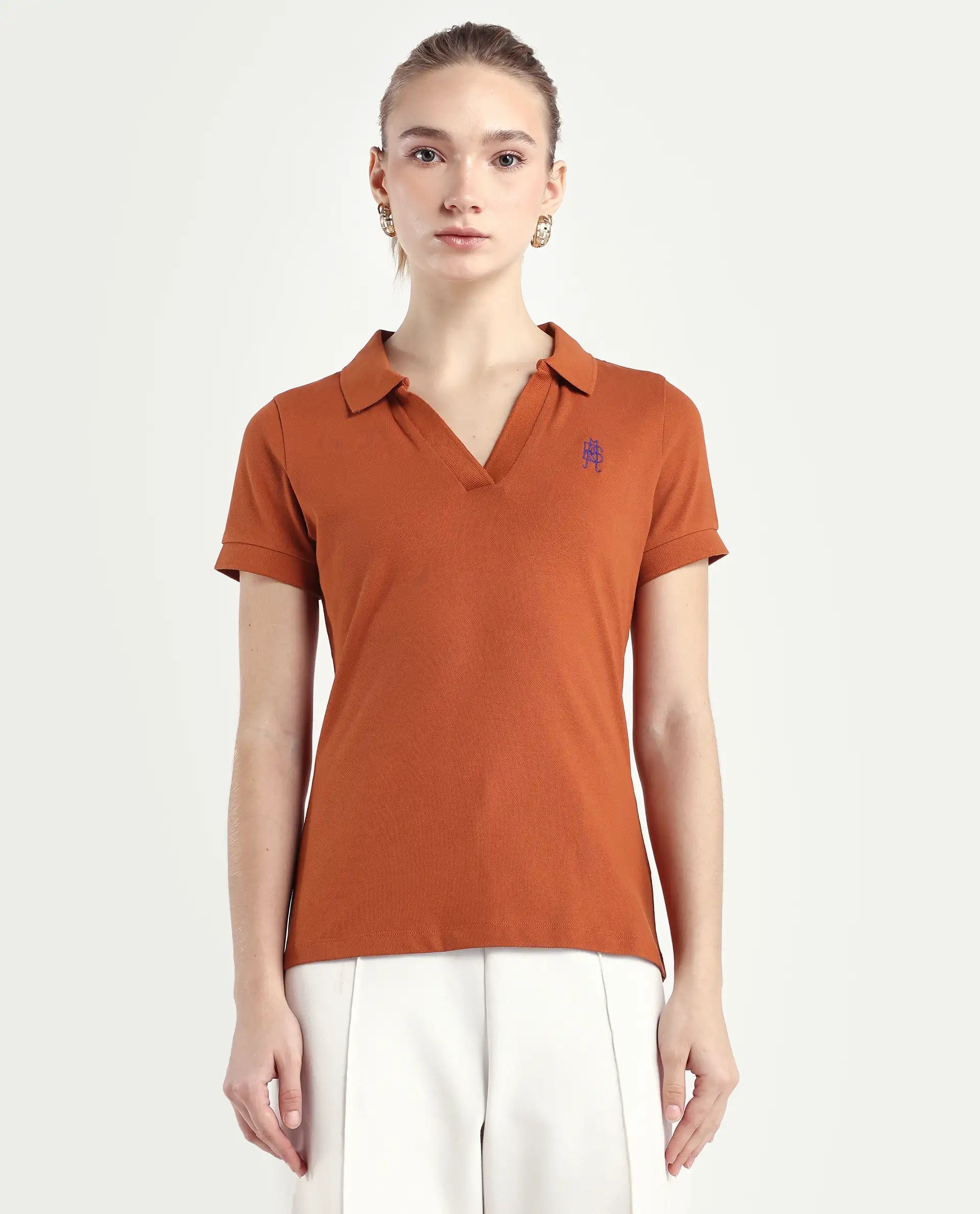 Rareism Women's Van-Rust Cotton Blend Polo Neck Plain Regular Fit Polo