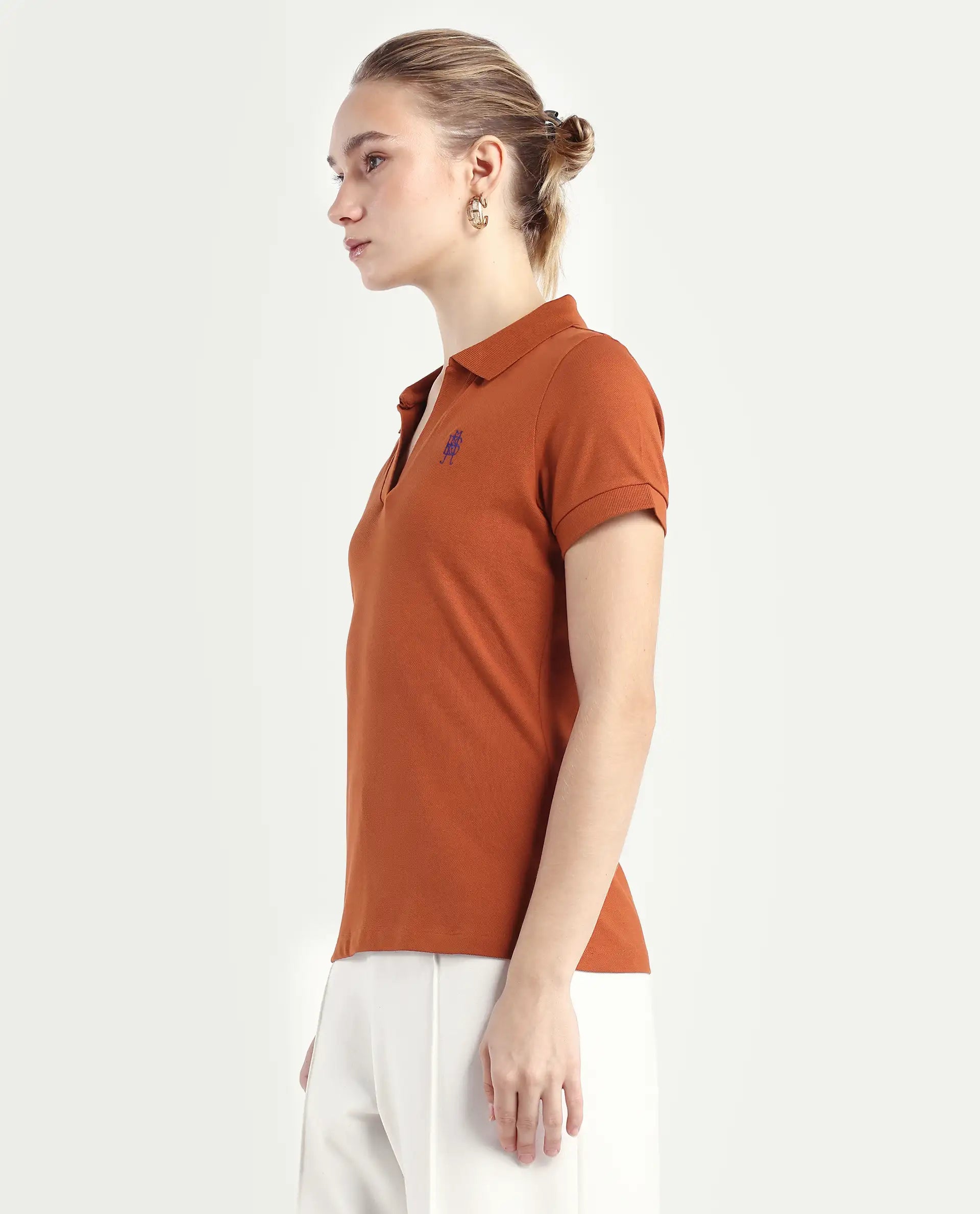 Rareism Women's Van-Rust Cotton Blend Polo Neck Plain Regular Fit Polo